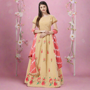 Appealing Cream Colored Partywear Embroidered Velvet Lehenga Choli - Peachmode