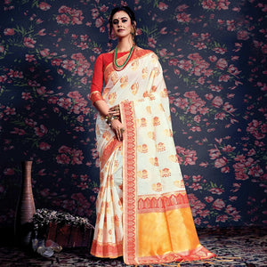 Appealing Cream-Red Colored Festive Wear Woven Silk Saree - Peachmode