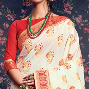 Appealing Cream-Red Colored Festive Wear Woven Silk Saree - Peachmode