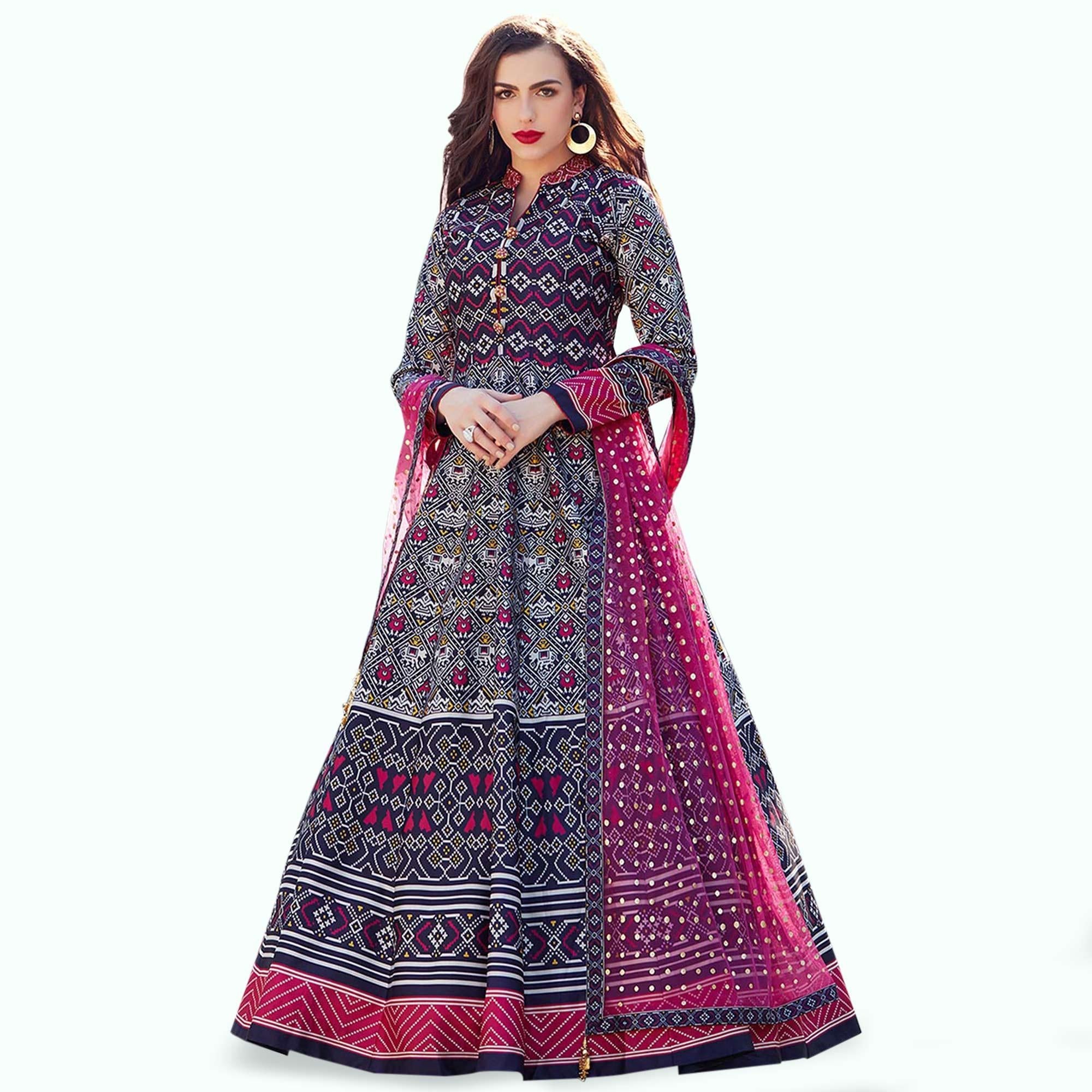 Appealing Dark Blue Colored Partywear Digital Printed Silk Gown - Peachmode