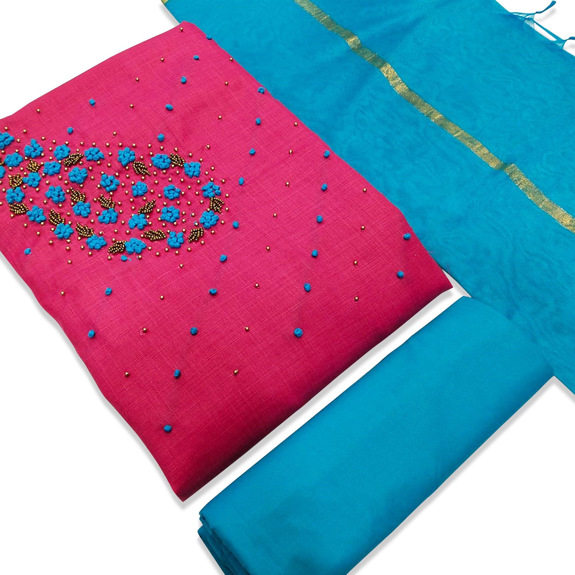 Appealing Deep Pink Colored Casual Wear Embroidered Modal Dress Material - Peachmode