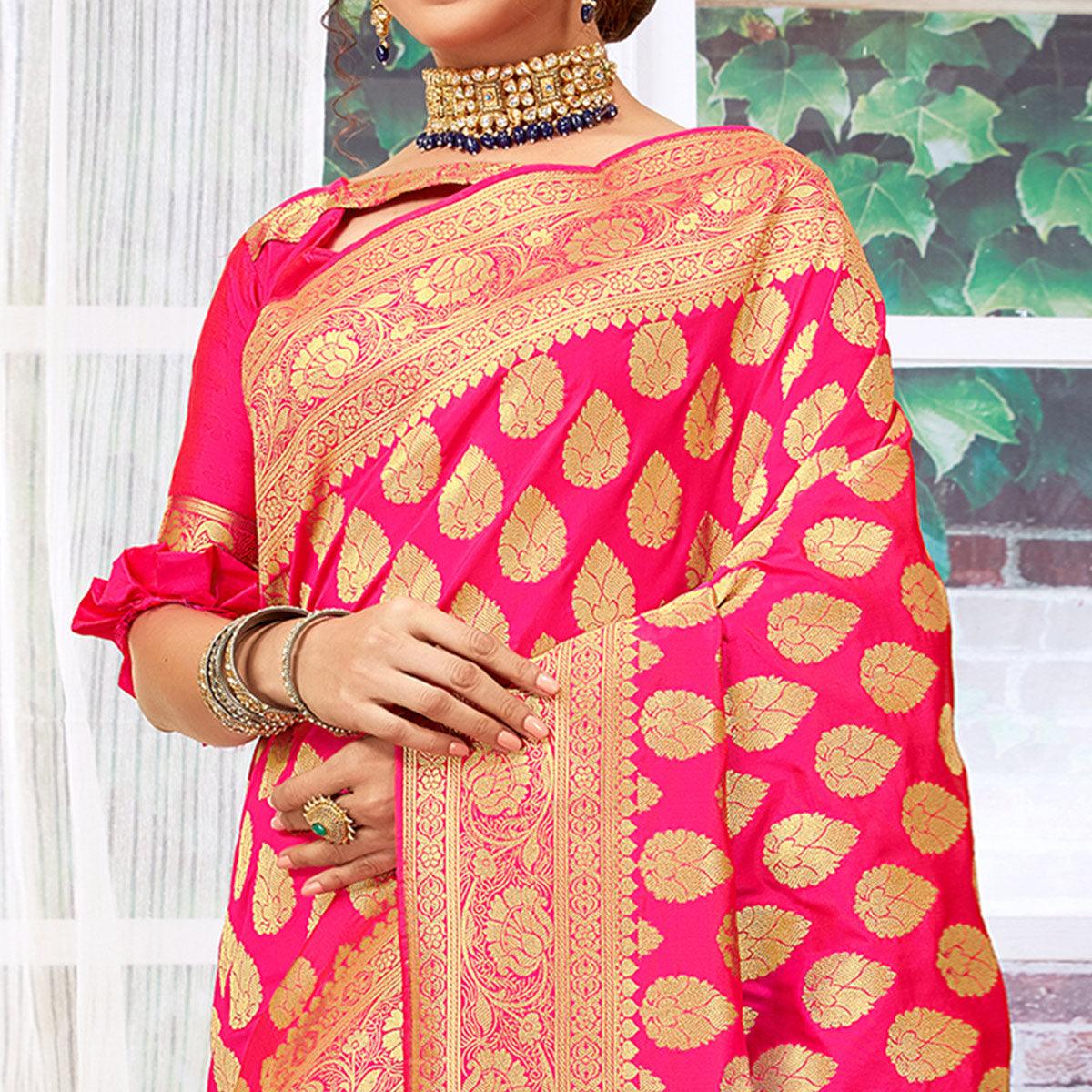 Appealing Fuchsia Pink Colored Festive Wear Woven Silk Saree - Peachmode