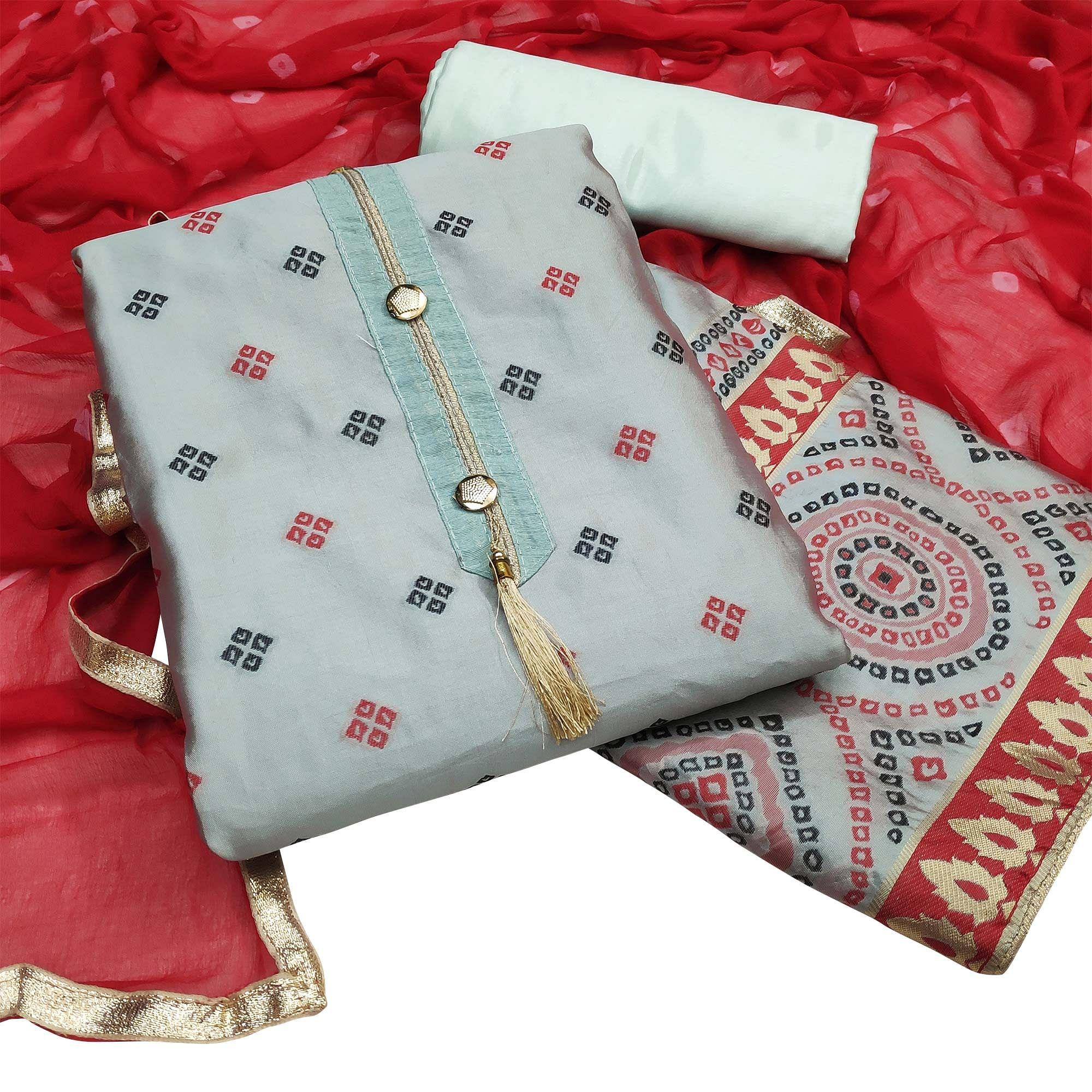 Appealing Grey Colored Festive Wear Woven Heavy Banarasi Silk Dress Material - Peachmode
