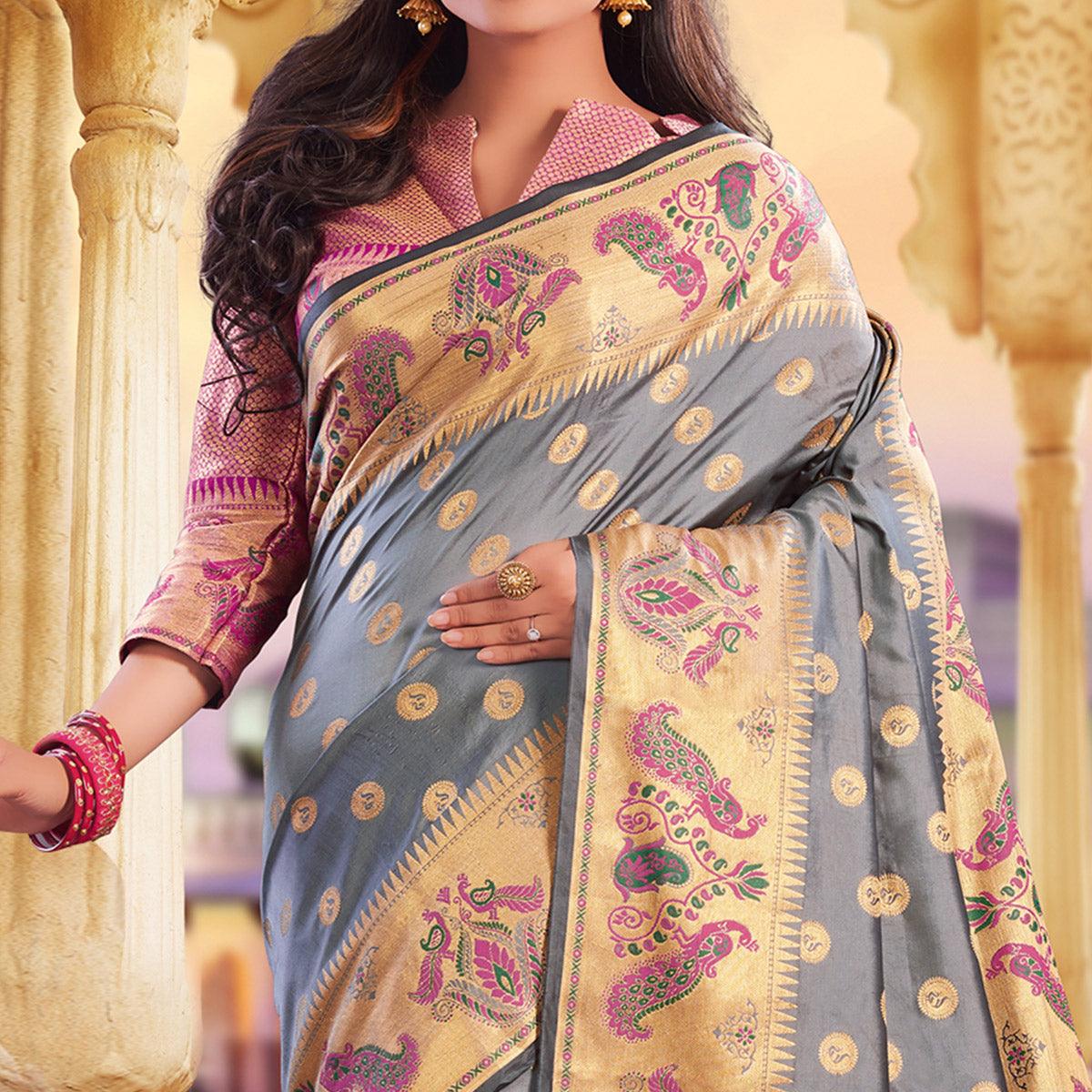 Appealing Grey Colored Festive Wear Woven Silk Saree - Peachmode
