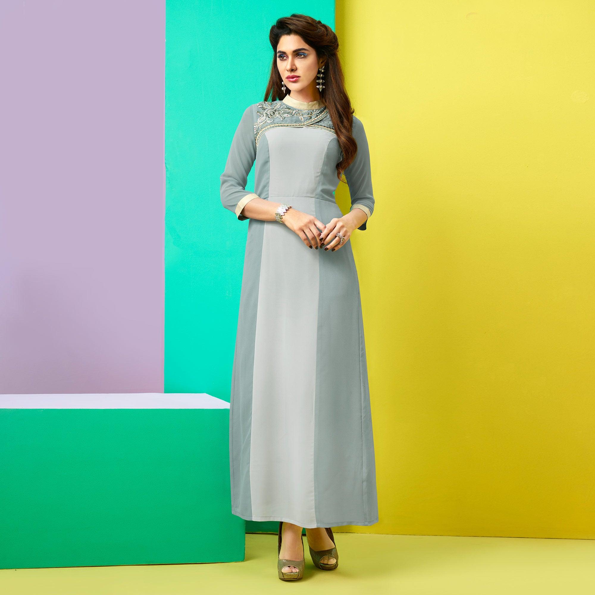 Appealing Grey Colored Party Wear Embroidered Faux Georgette Kurti - Peachmode