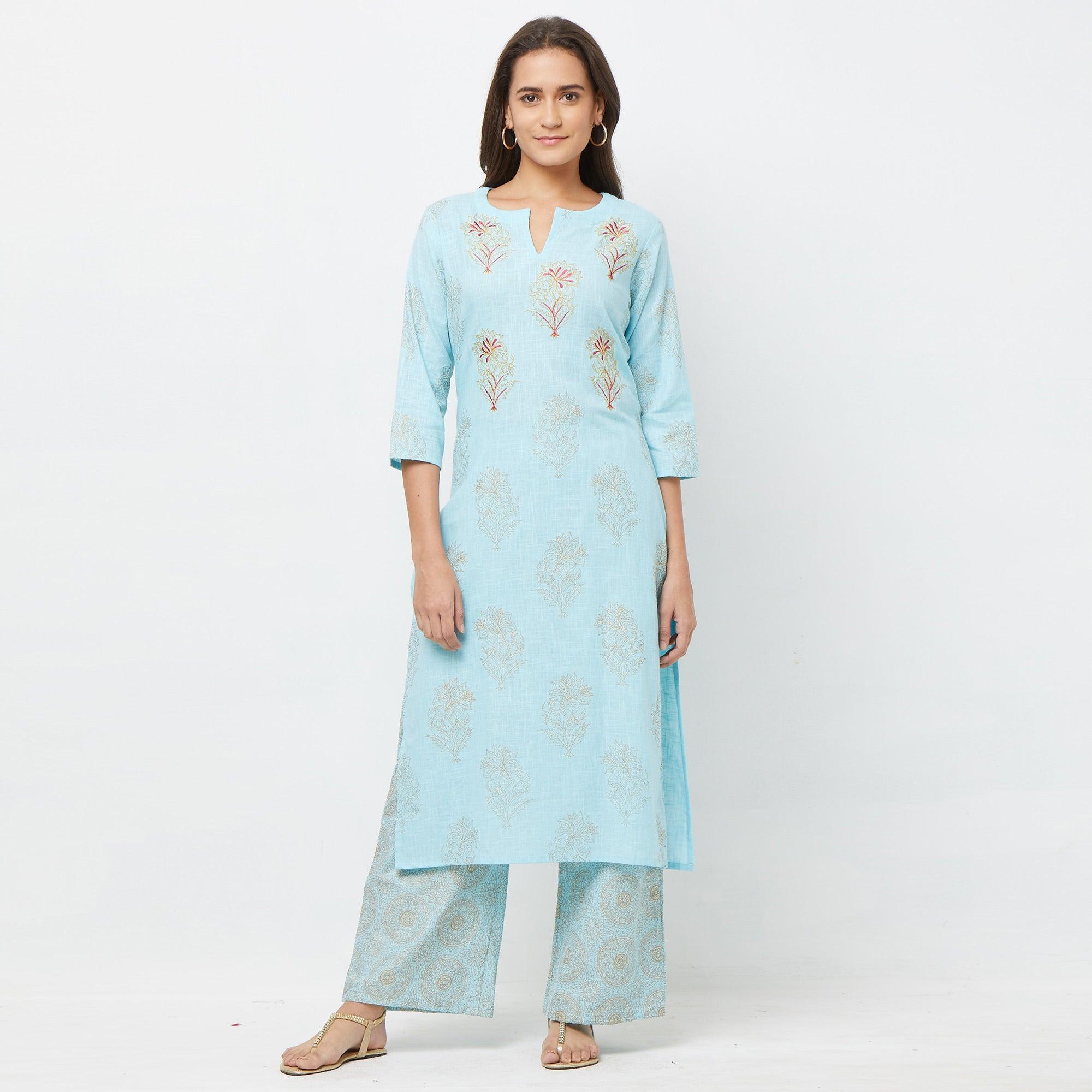 Appealing Light Blue Colored Partywear Embroidered Cotton Kurti-Palazzo Set - Peachmode