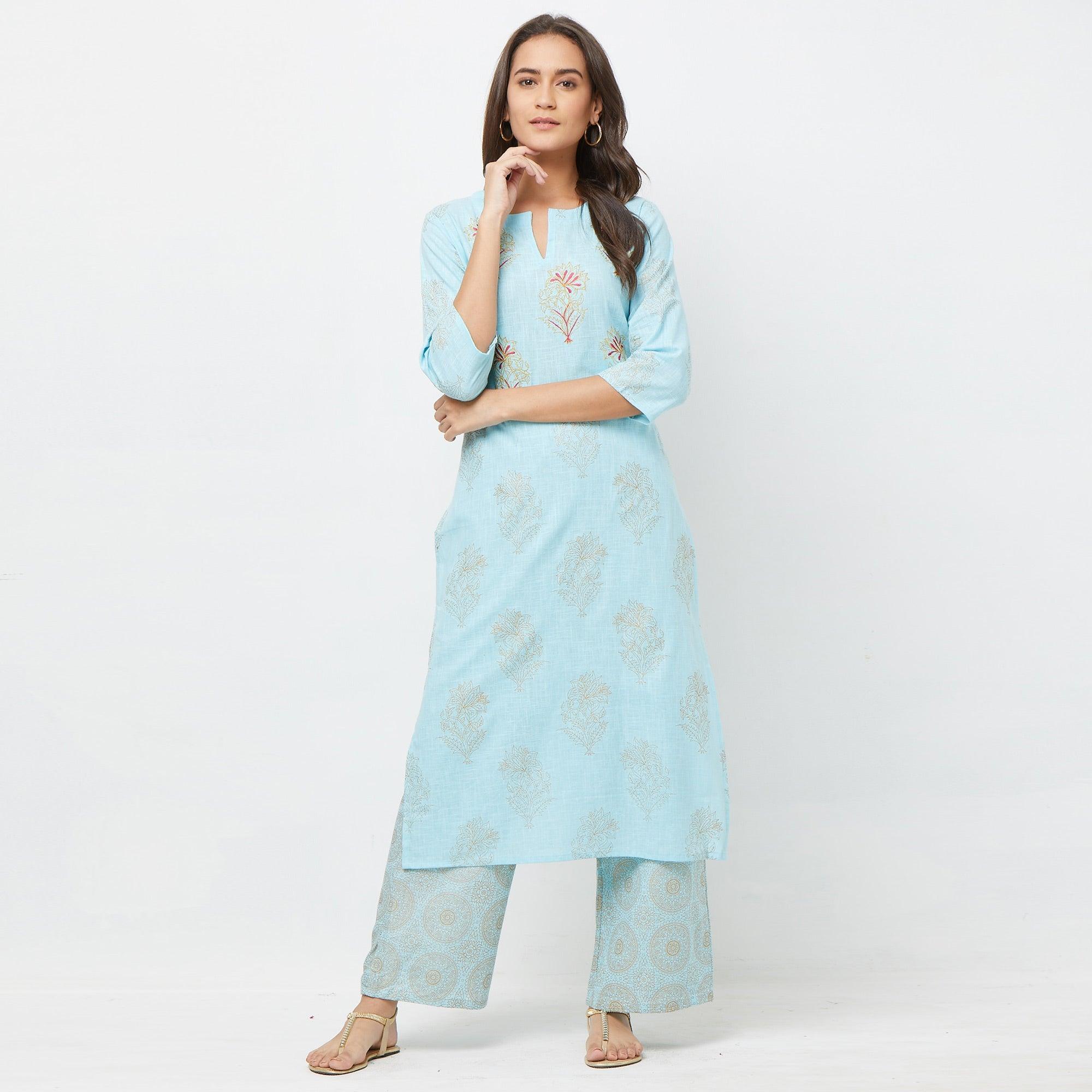 Appealing Light Blue Colored Partywear Embroidered Cotton Kurti-Palazzo Set - Peachmode