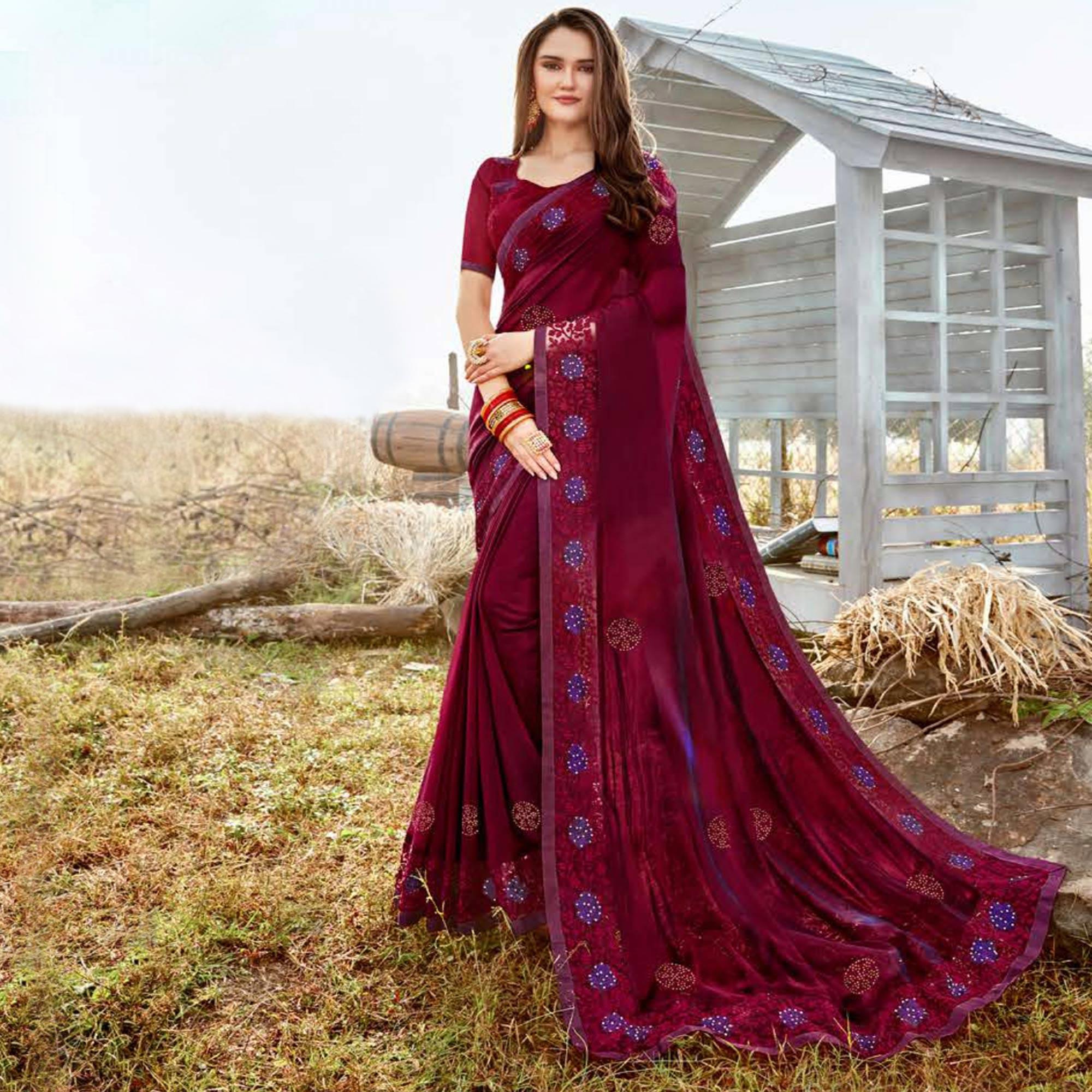 Appealing Magenta Pink Colored Party Wear Embroidered Art Silk Saree - Peachmode