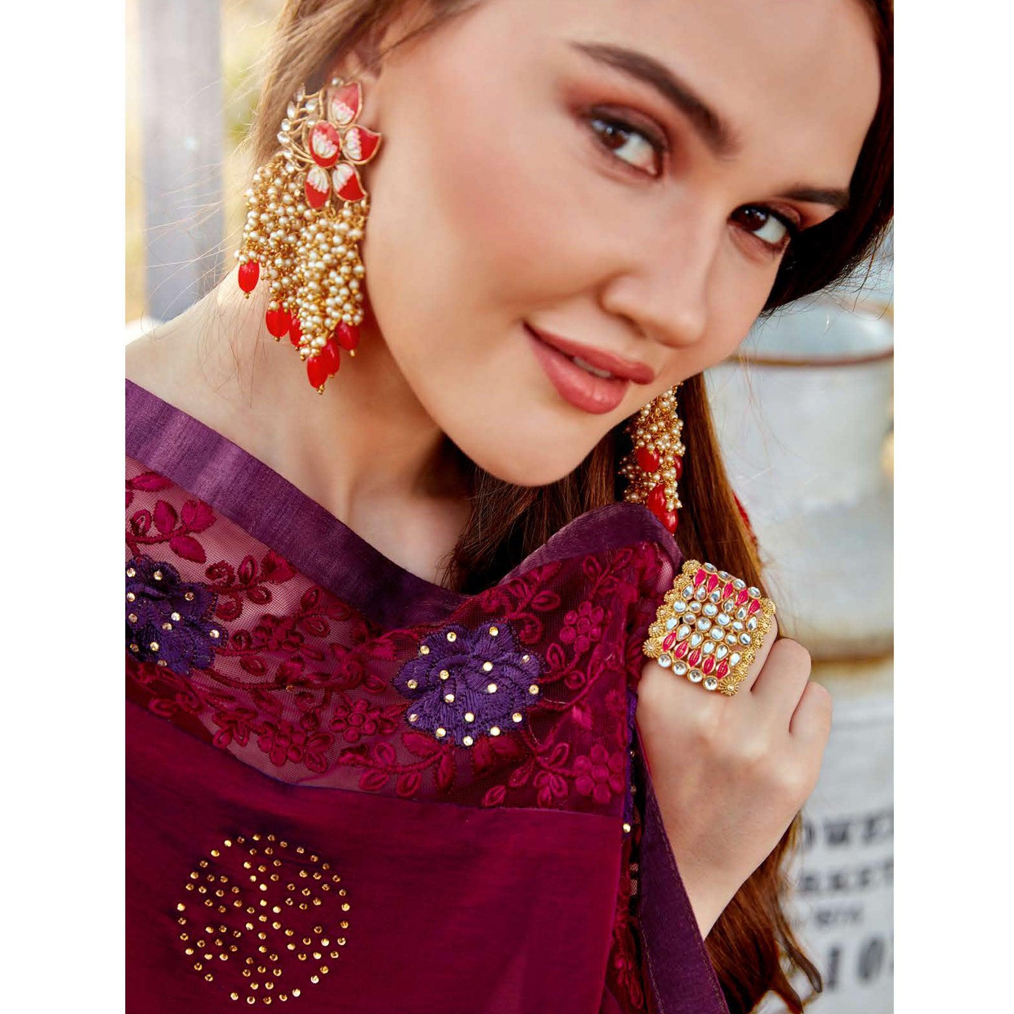 Appealing Magenta Pink Colored Party Wear Embroidered Art Silk Saree - Peachmode