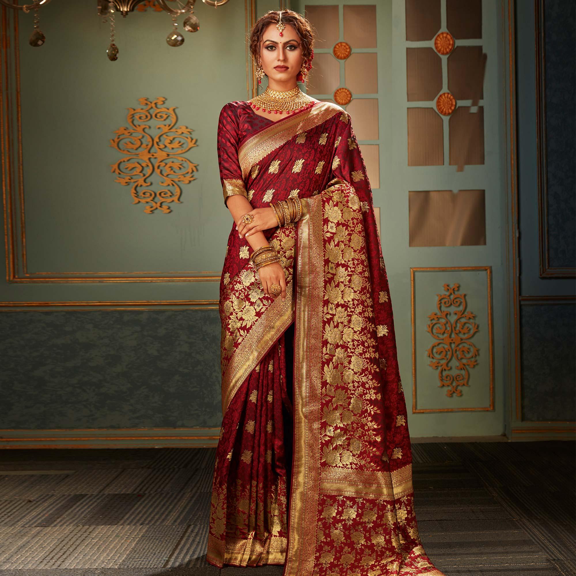 Appealing Maroon Colored Festive Wear Woven Banarasi Silk Saree - Peachmode