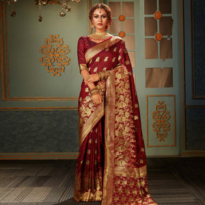 Appealing Maroon Colored Festive Wear Woven Banarasi Silk Saree - Peachmode