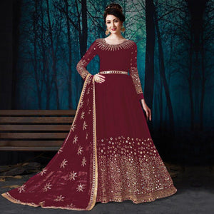 Appealing Maroon Colored Partywear Embroidered Georgette Anarkali Suit - Peachmode