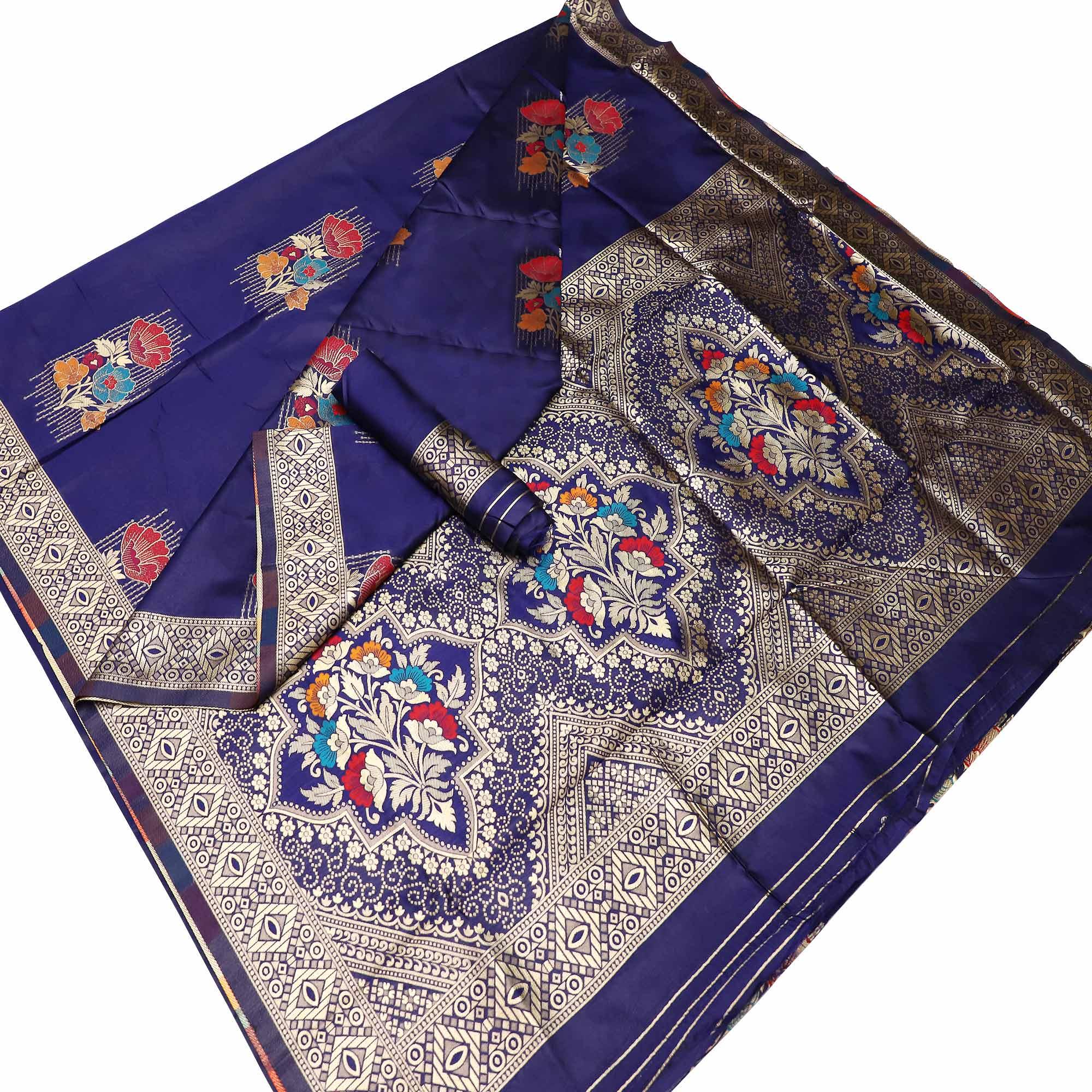 Appealing Navy Blue Colored Festive Wear Woven Banarasi Silk Saree - Peachmode