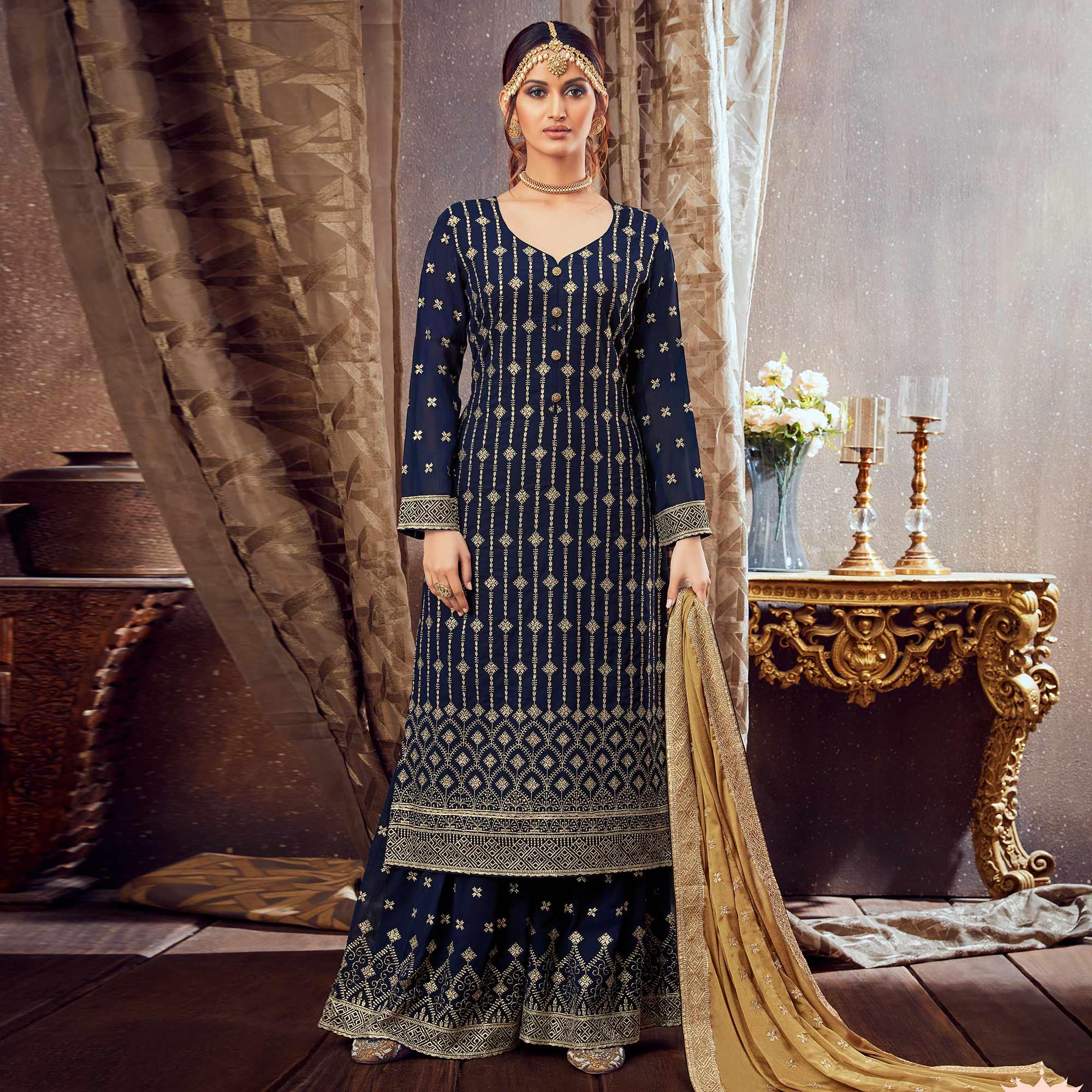 Appealing Navy Blue Colored Partywear Embroidered Pure Georgette Palazzo Suit - Peachmode