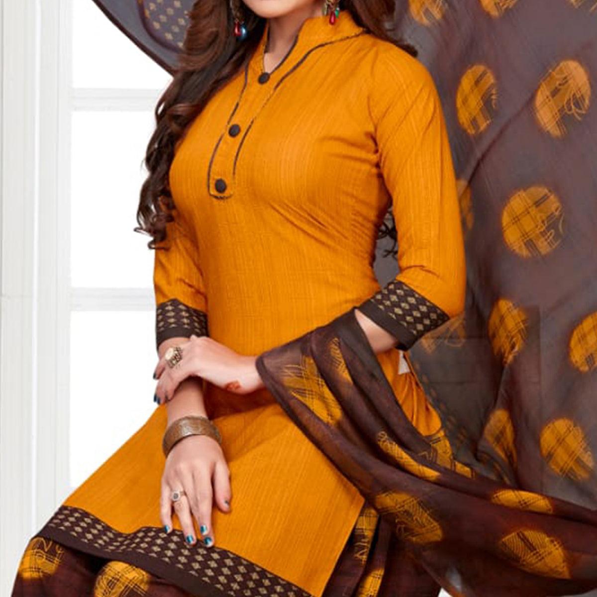Appealing Orange Casual Printed Crepe Patiala Suit - Peachmode