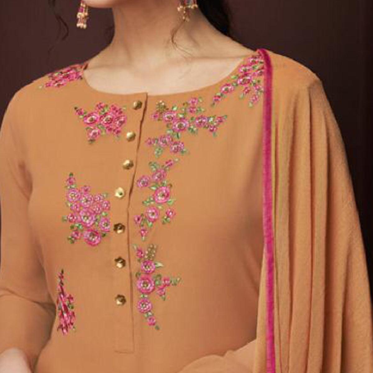 Appealing Orange Colored Partywear Embroidered Georgette Suit - Peachmode