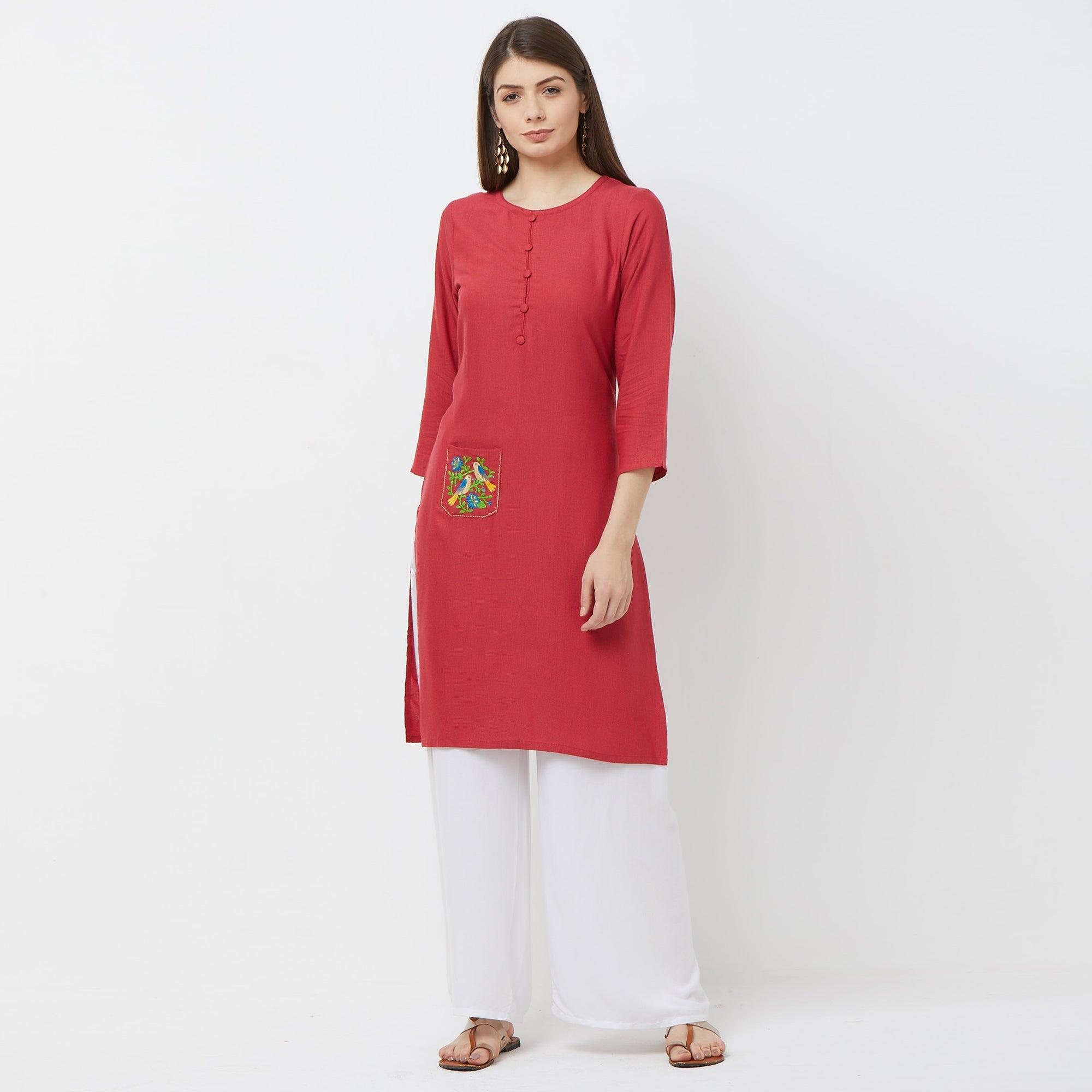 Appealing Pink Colored Casual Embroidered Cotton Kurti - Peachmode