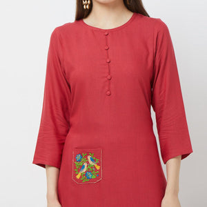 Appealing Pink Colored Casual Embroidered Cotton Kurti - Peachmode