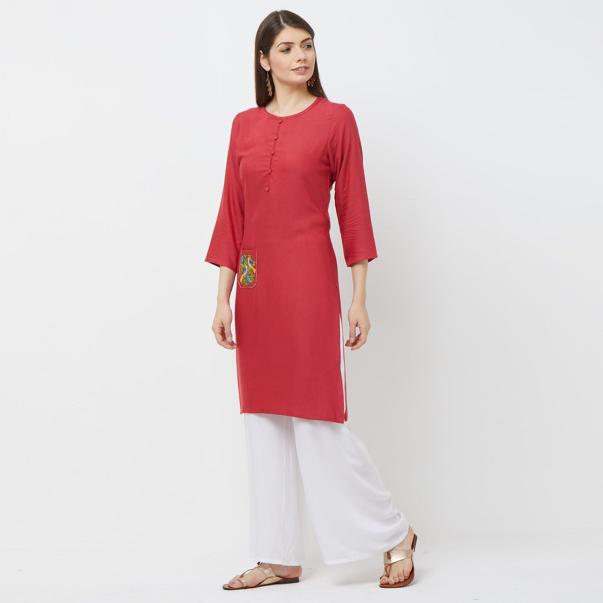 Appealing Pink Colored Casual Embroidered Cotton Kurti - Peachmode