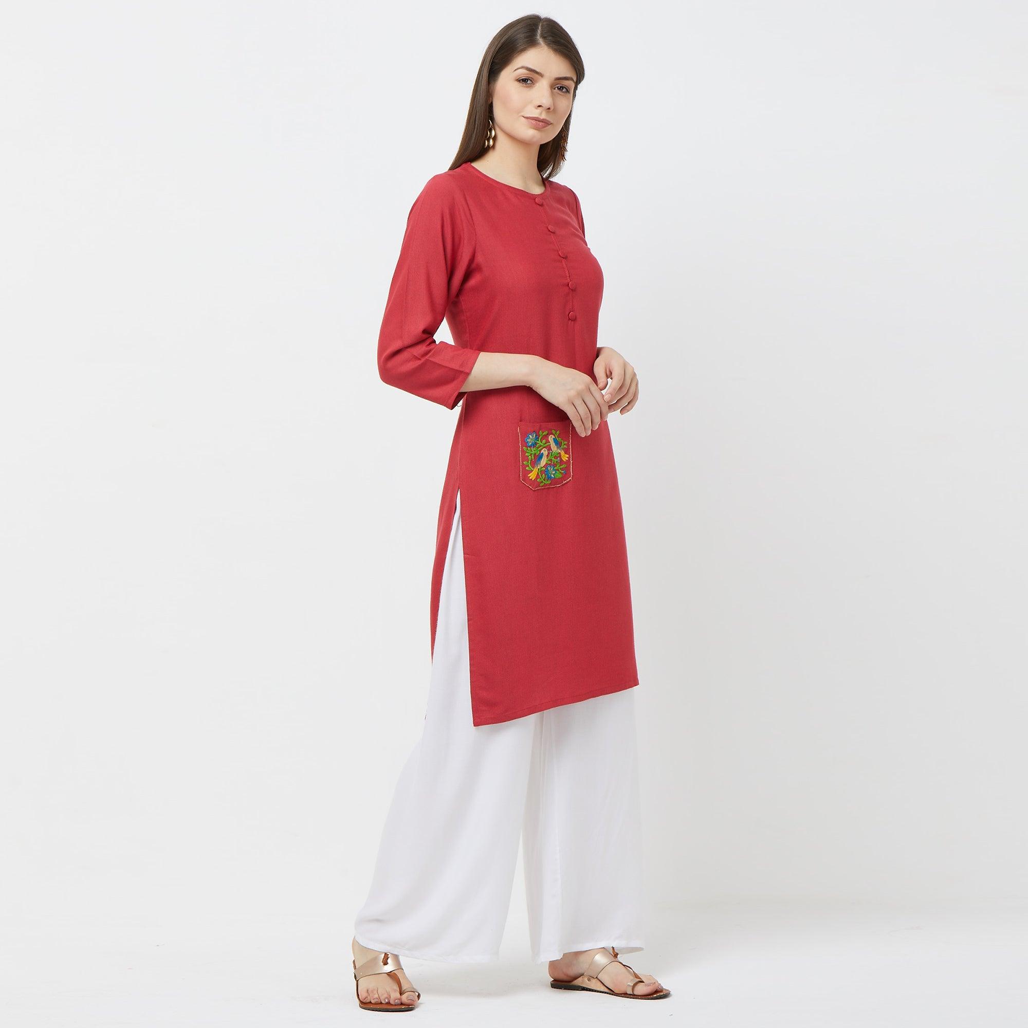 Appealing Pink Colored Casual Embroidered Cotton Kurti - Peachmode