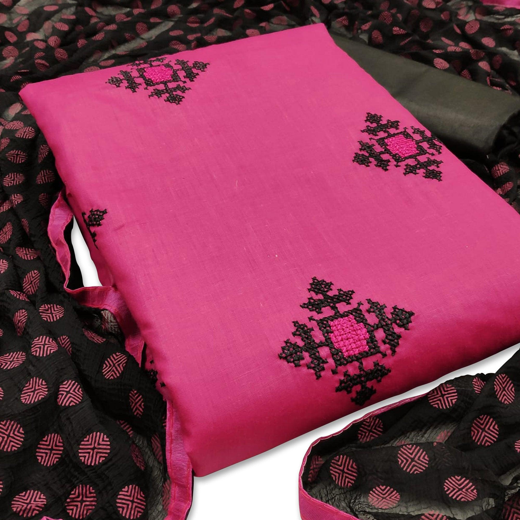 Appealing Pink Colored Casual Wear Embroidered Cotton Dress Material - Peachmode