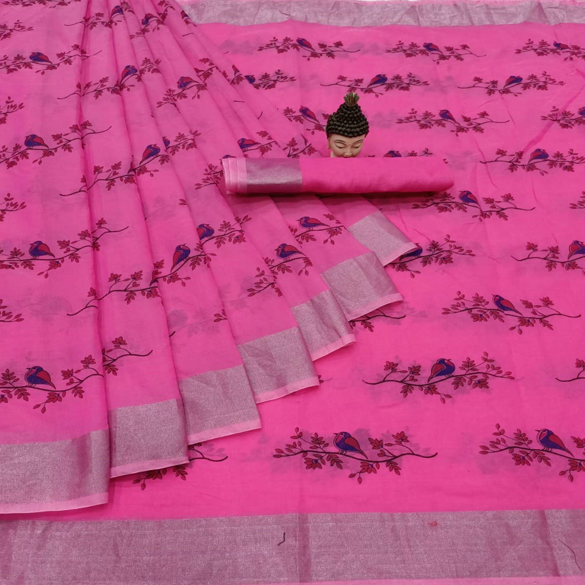 Appealing Pink Colored Casual Wear Printed Cotton Linen Saree - Peachmode