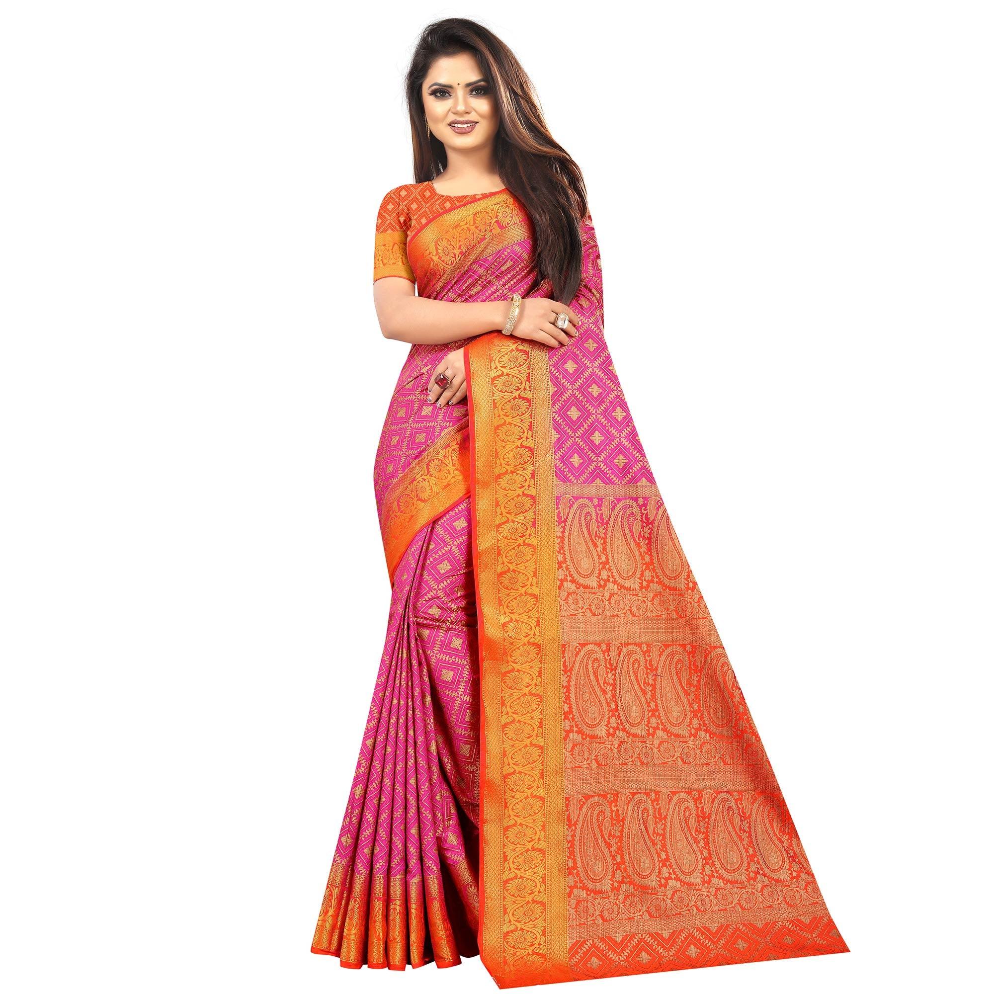Appealing Pink Colored Festive Wear Woven Art Silk Saree - Peachmode