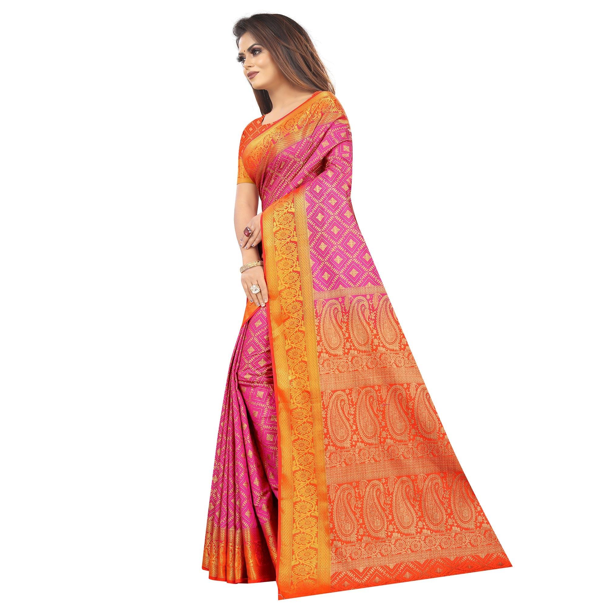 Appealing Pink Colored Festive Wear Woven Art Silk Saree - Peachmode