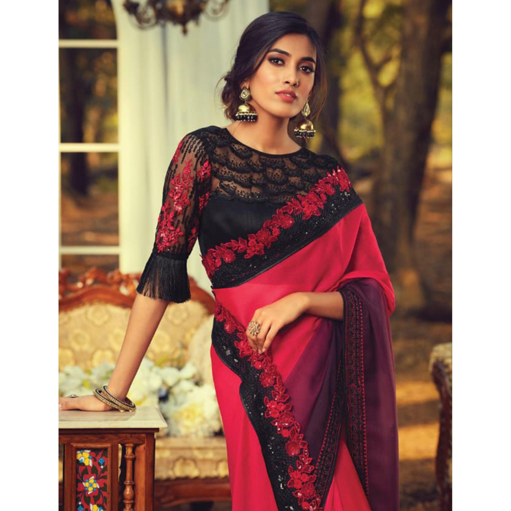 Appealing Pink Colored Partywear Embroidered Silk Saree - Peachmode