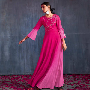 Appealing Pink Colored Partywear Embroidered Viscose Gown - Peachmode