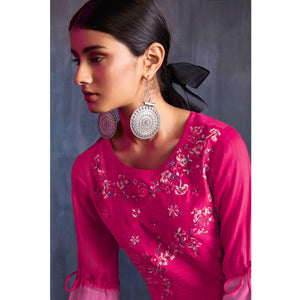 Appealing Pink Colored Partywear Embroidered Viscose Gown - Peachmode