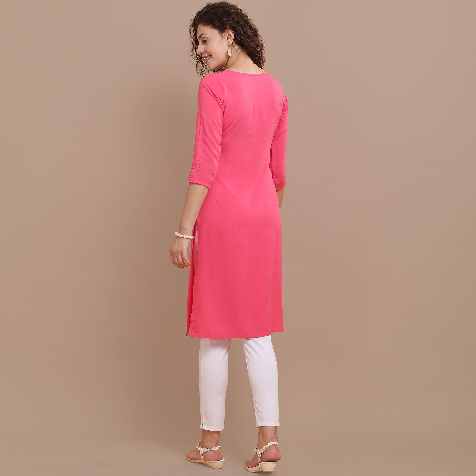 Appealing Pink Colored Partywear Floral Embroidered Rayon Kurti - Peachmode