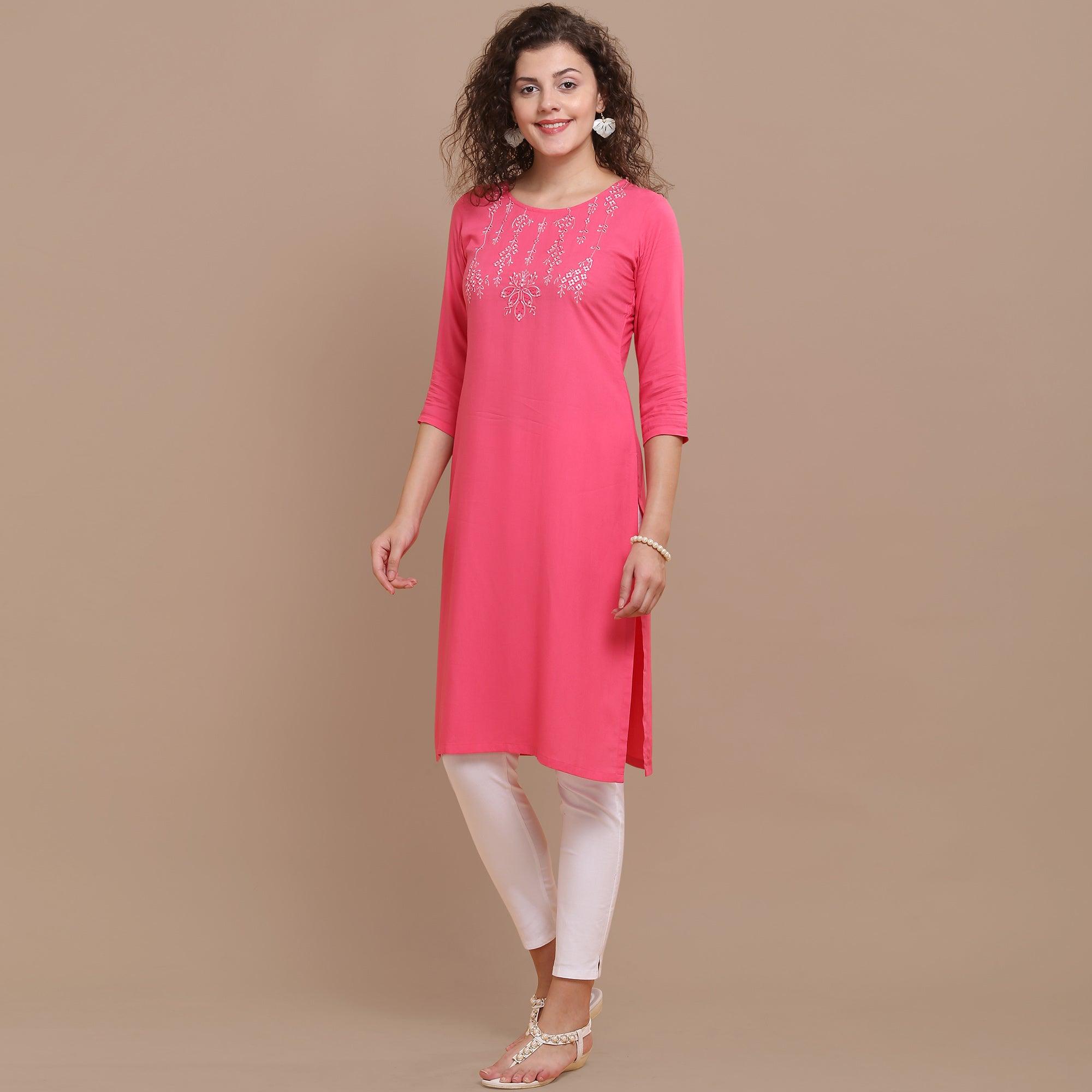 Appealing Pink Colored Partywear Floral Embroidered Rayon Kurti - Peachmode