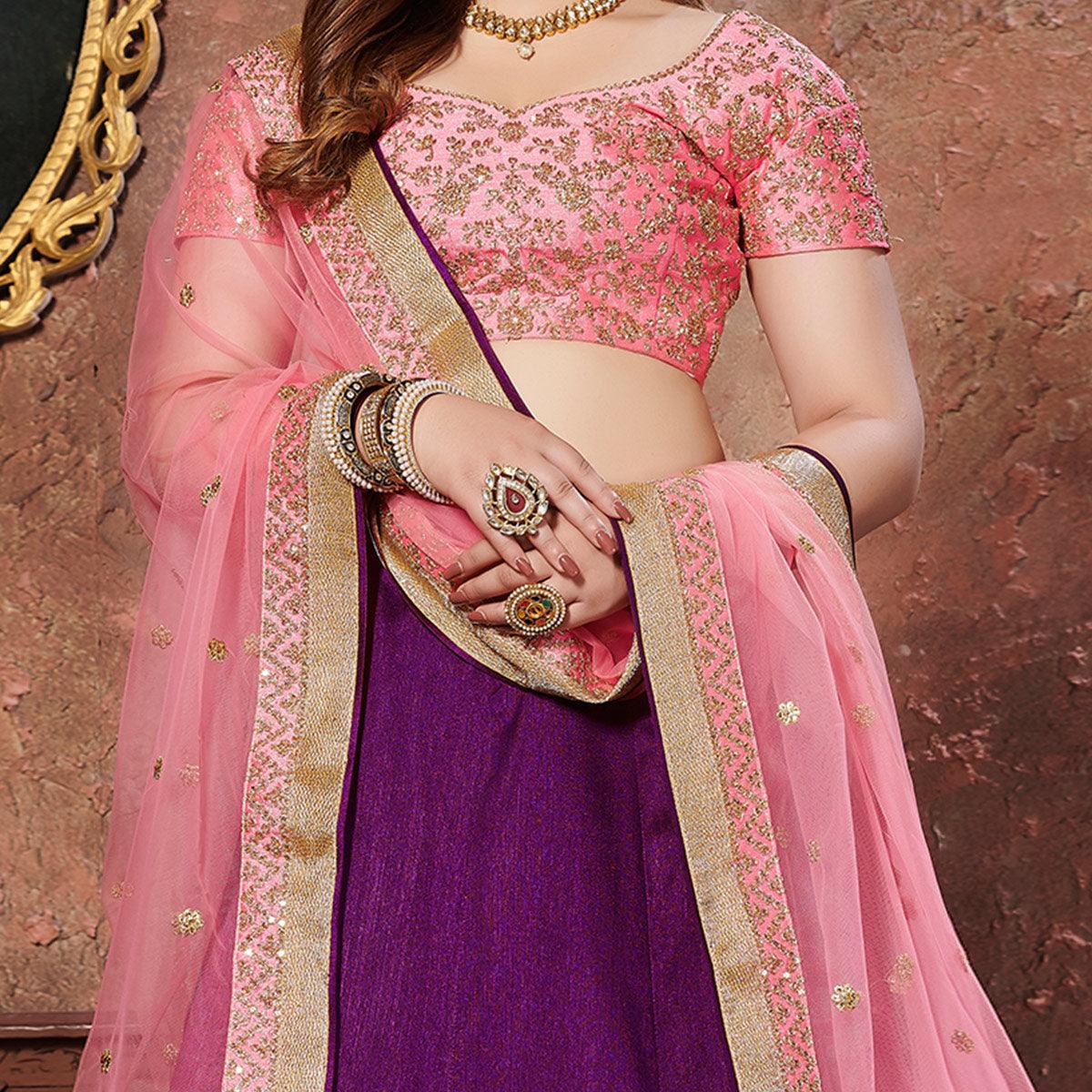 Appealing Purple Colored Wedding Wear Embroidered Mulberry Silk Lehenga Choli - Peachmode