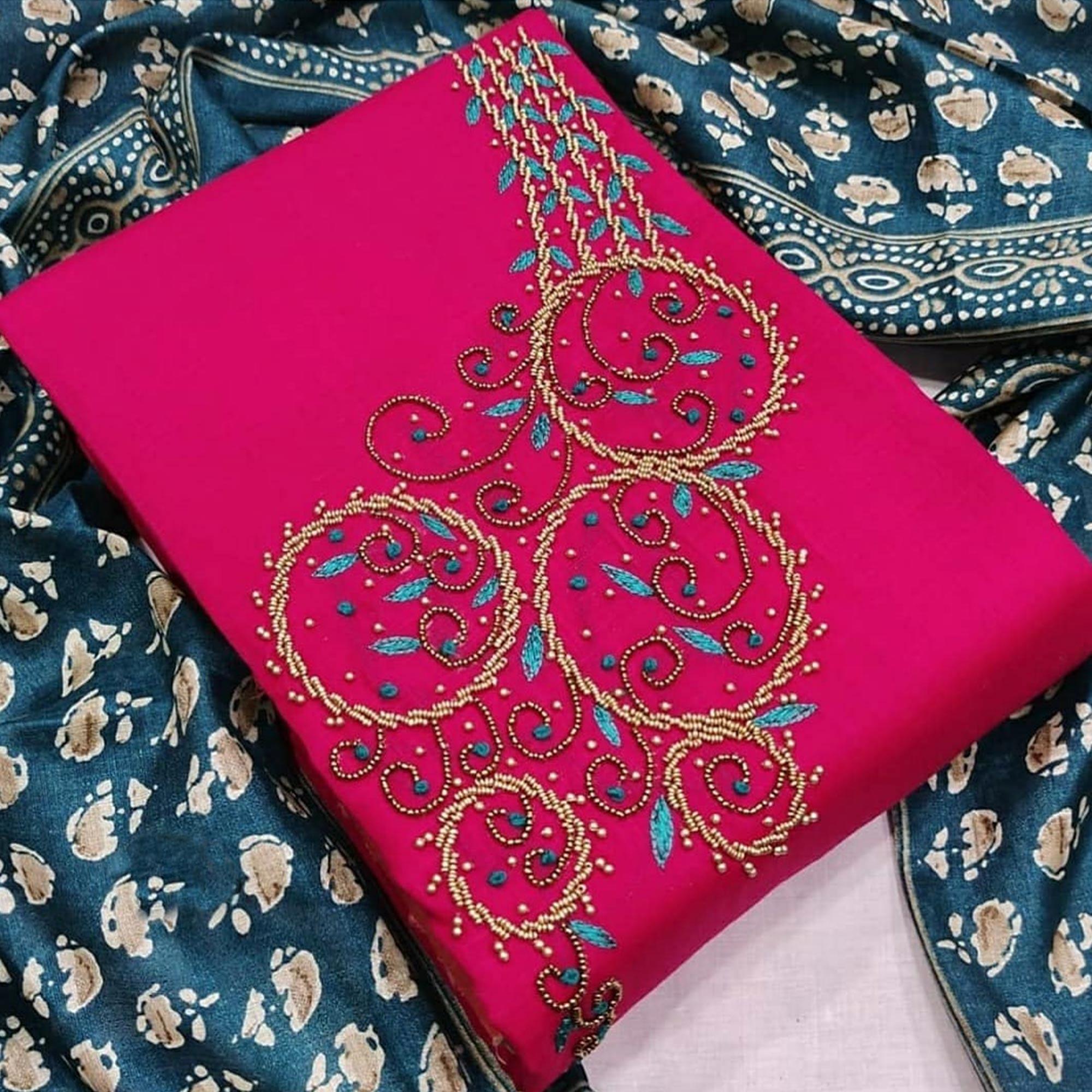 Appealing Rani Pink Colored Casual Wear Embroidered Modal Chanderi Dress Material - Peachmode