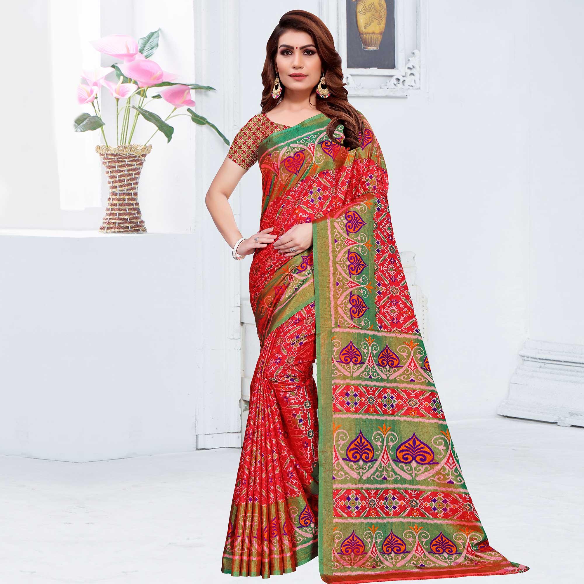 Appealing Red Colored Casual Printed Patola Printed Art Silk Saree - Peachmode
