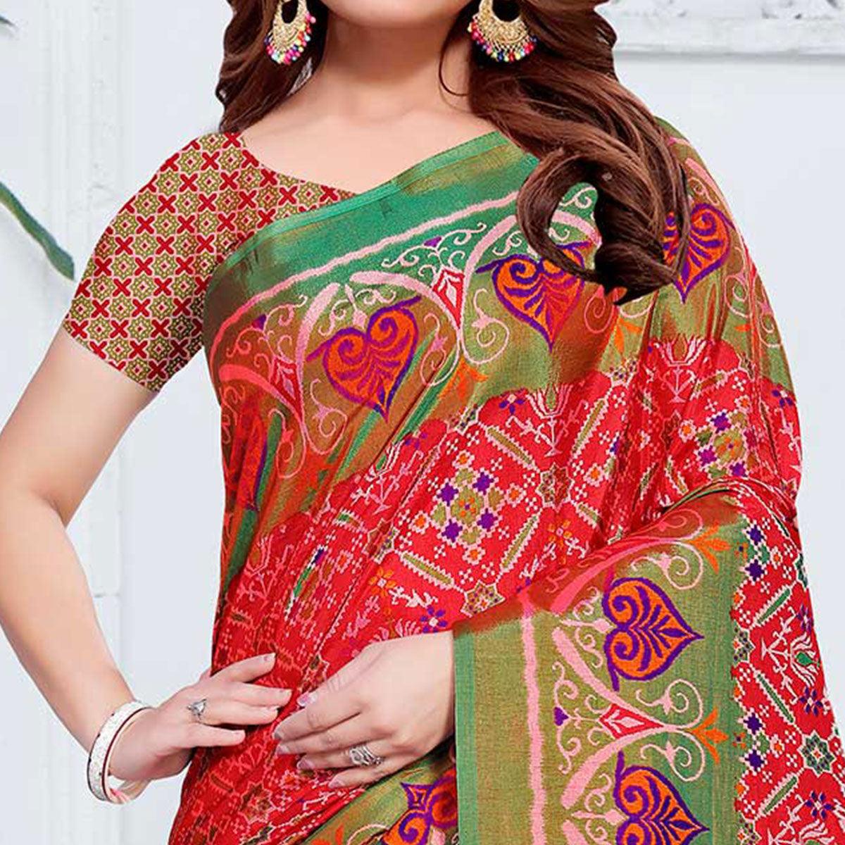 Appealing Red Colored Casual Printed Patola Printed Art Silk Saree - Peachmode
