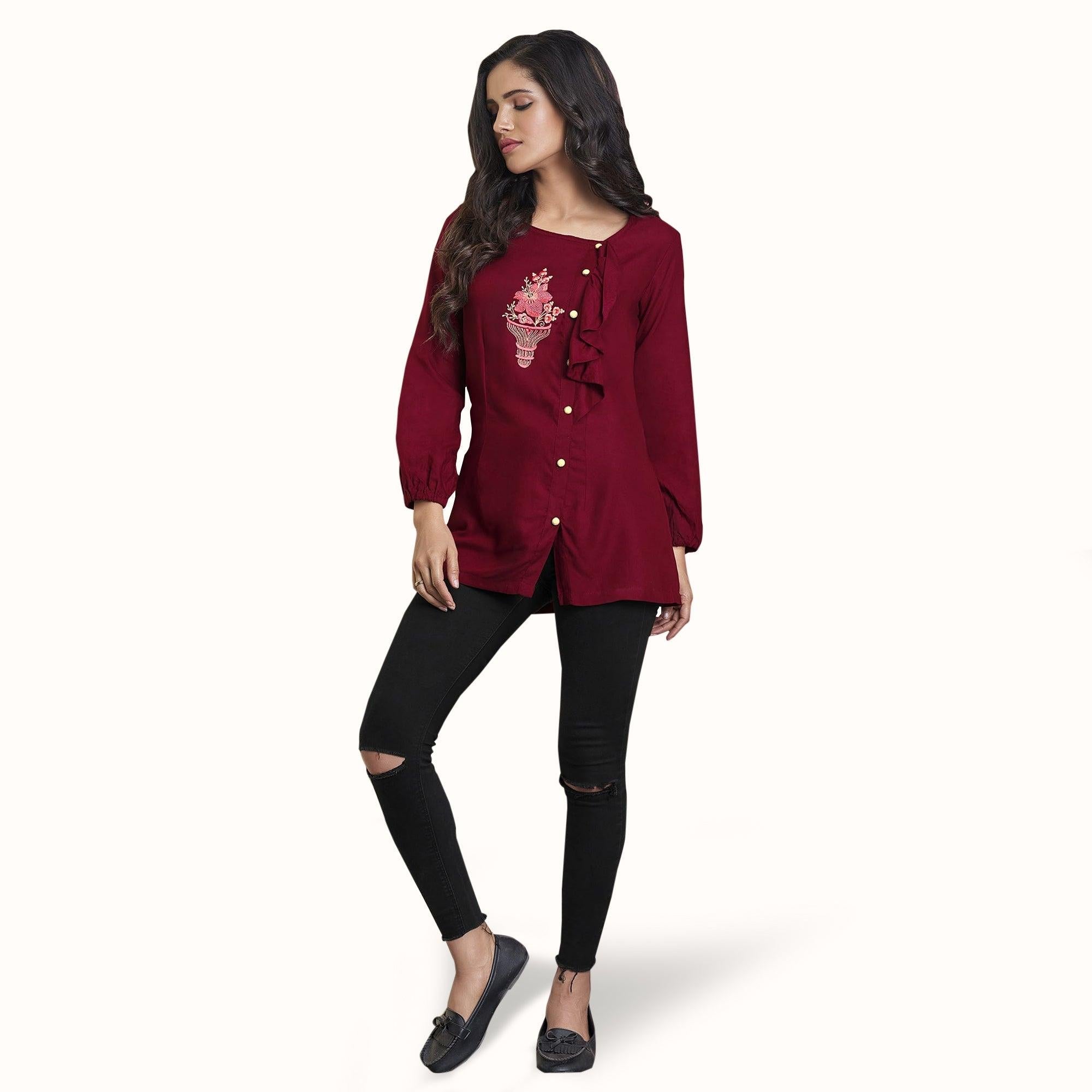 Appealing Red Colored Partywear Embroidered Rayon Western Top - Peachmode