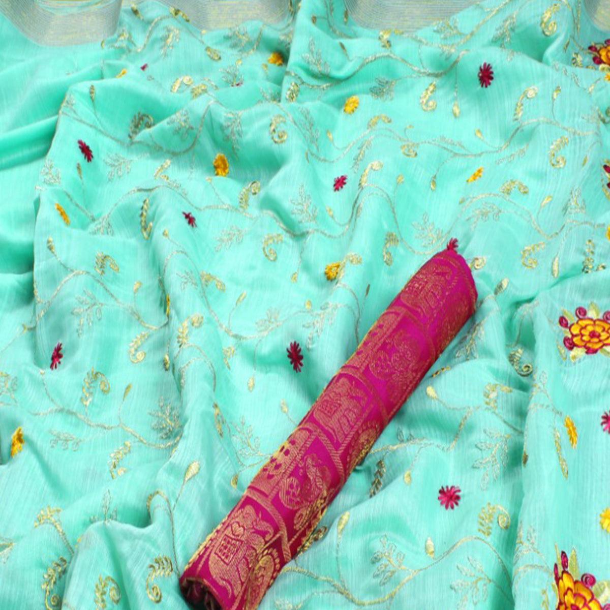Appealing Turquoise Green Colored Festive Wear Embroidered Heavy Linen Saree - Peachmode