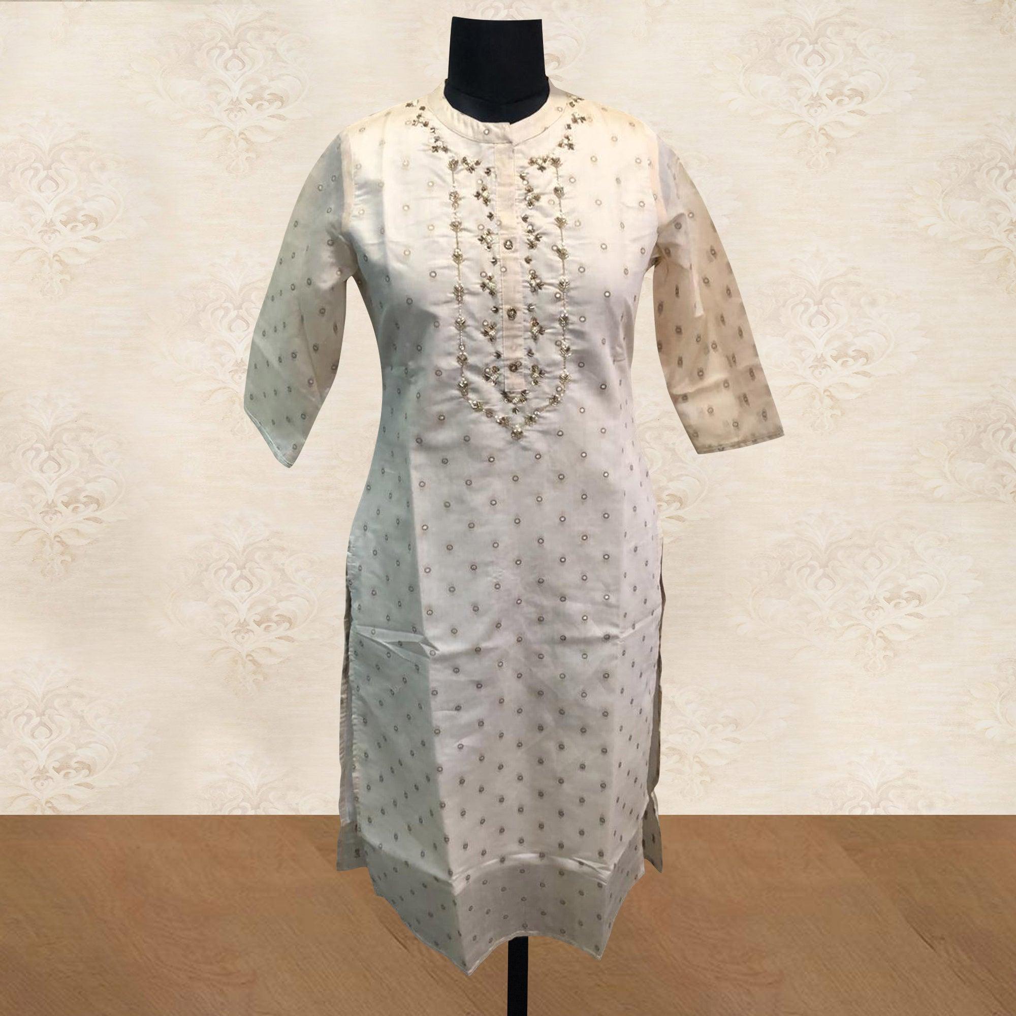 Appealing White Colored Partywear Handwork Cotton Kurti - Peachmode