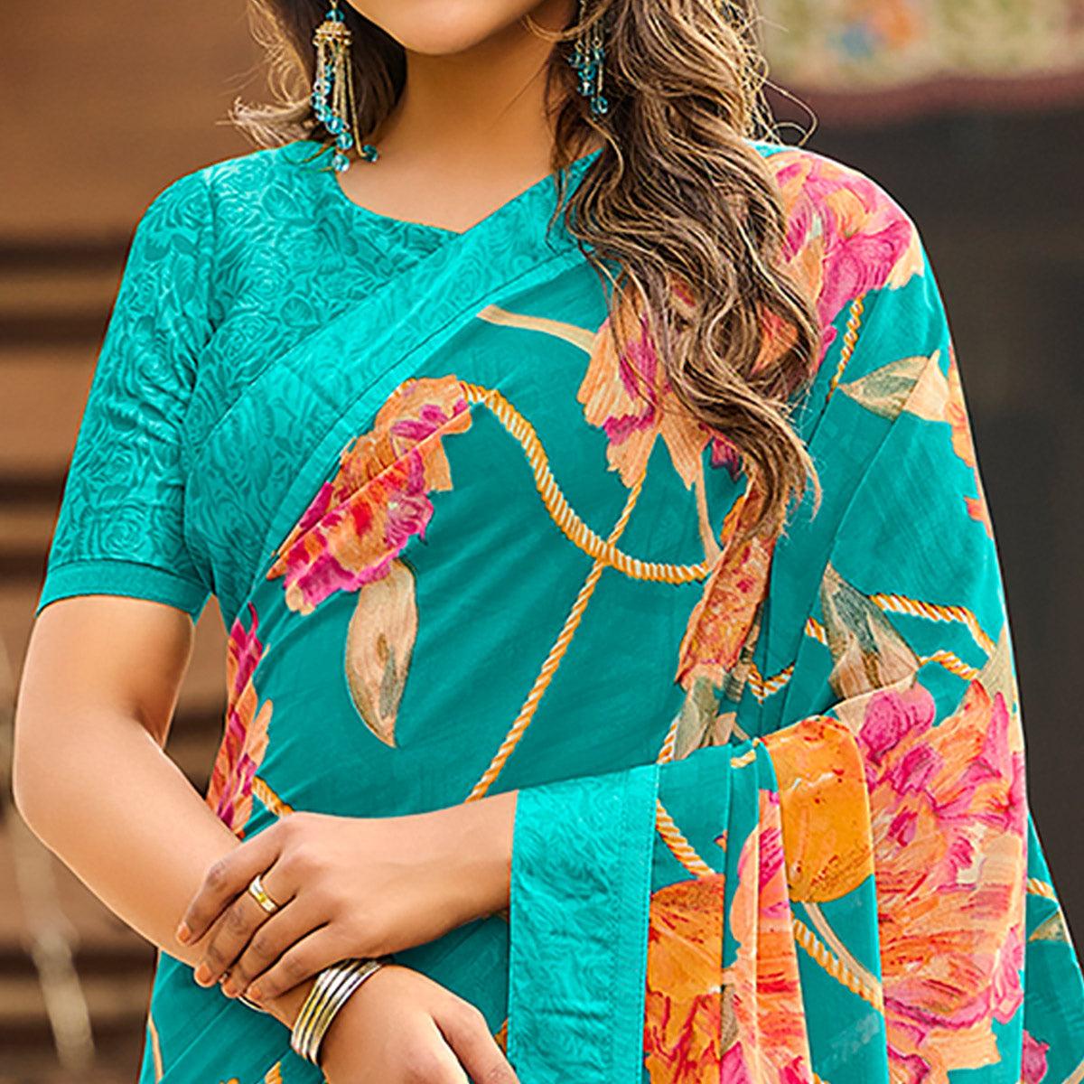 Aqua Blue Casual Floral Printed Georgette Saree - Peachmode