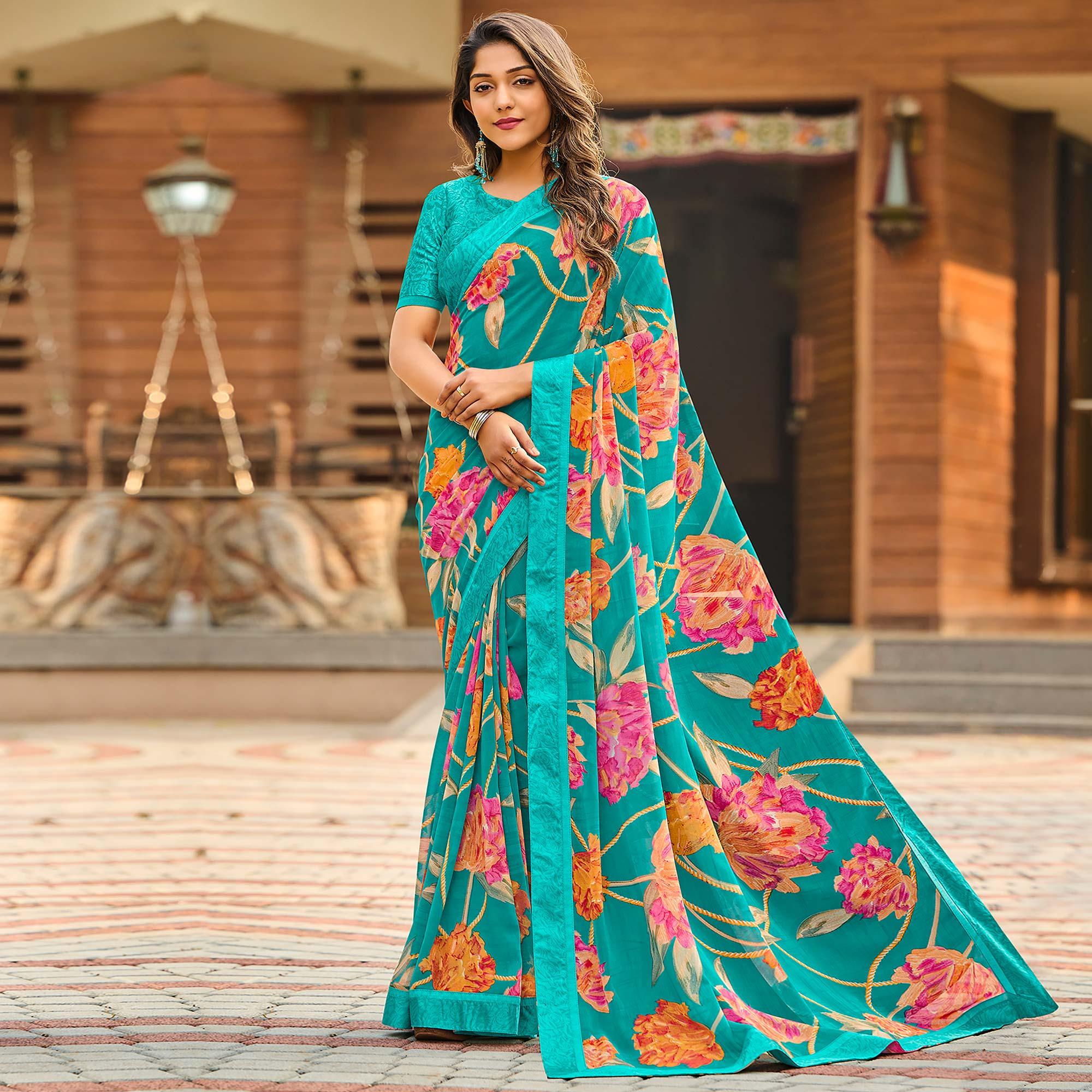 Aqua Blue Casual Floral Printed Georgette Saree - Peachmode