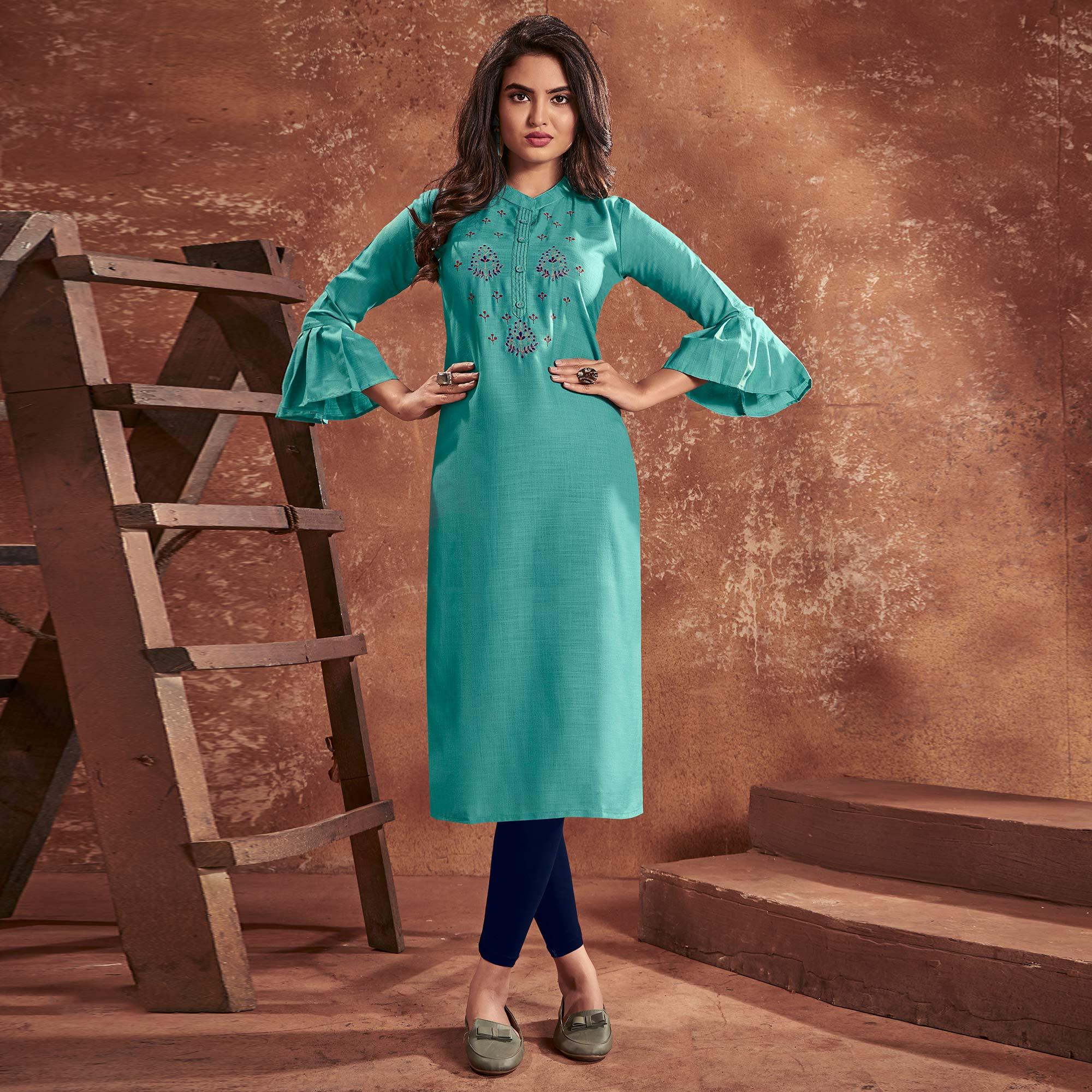 Aqua Blue Casual Wear Embroidered Cotton Kurti - Peachmode