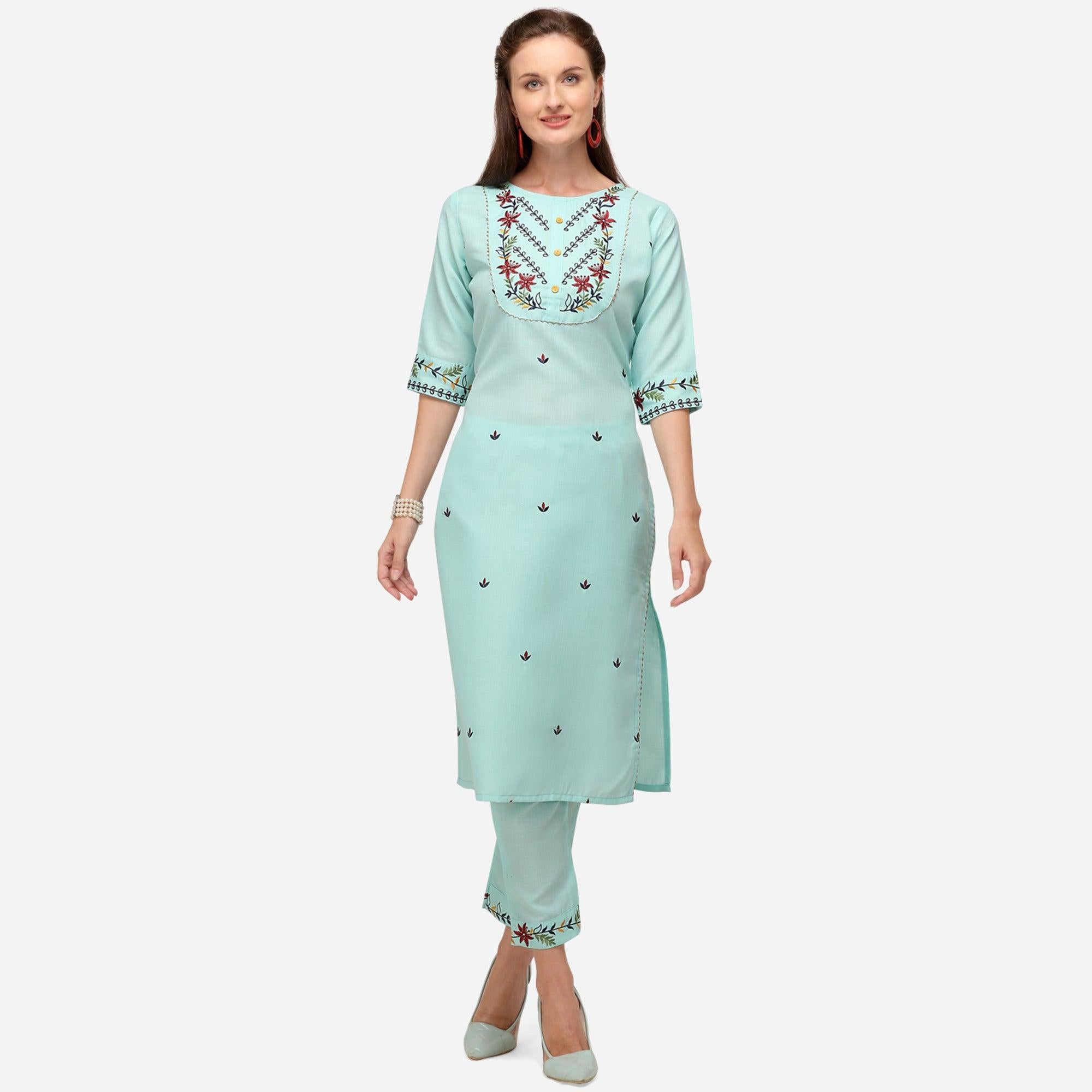 Aqua Blue Casual Wear Floral Embroidered Cotton Kurti Pant Set - Peachmode
