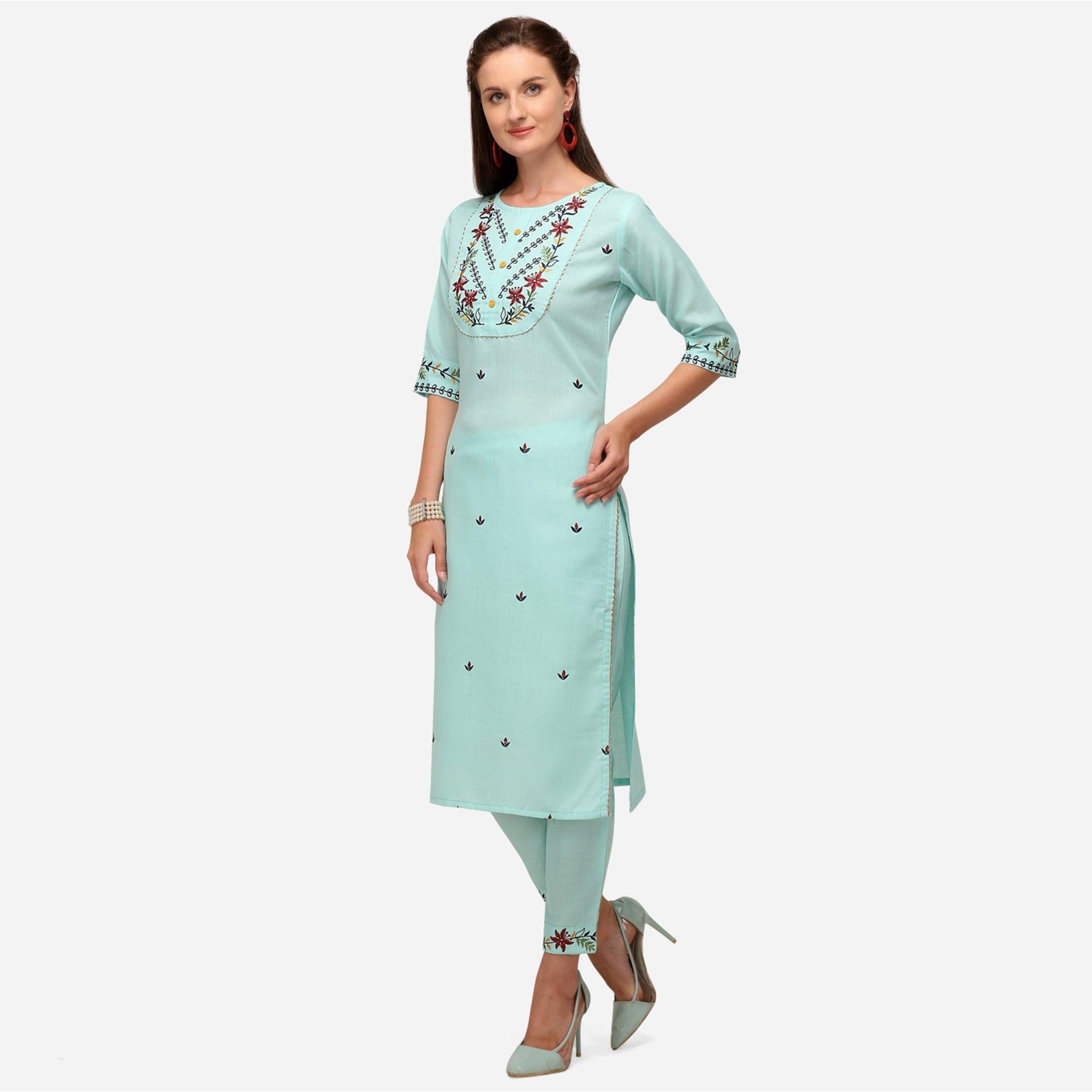 Aqua Blue Casual Wear Floral Embroidered Cotton Kurti Pant Set - Peachmode