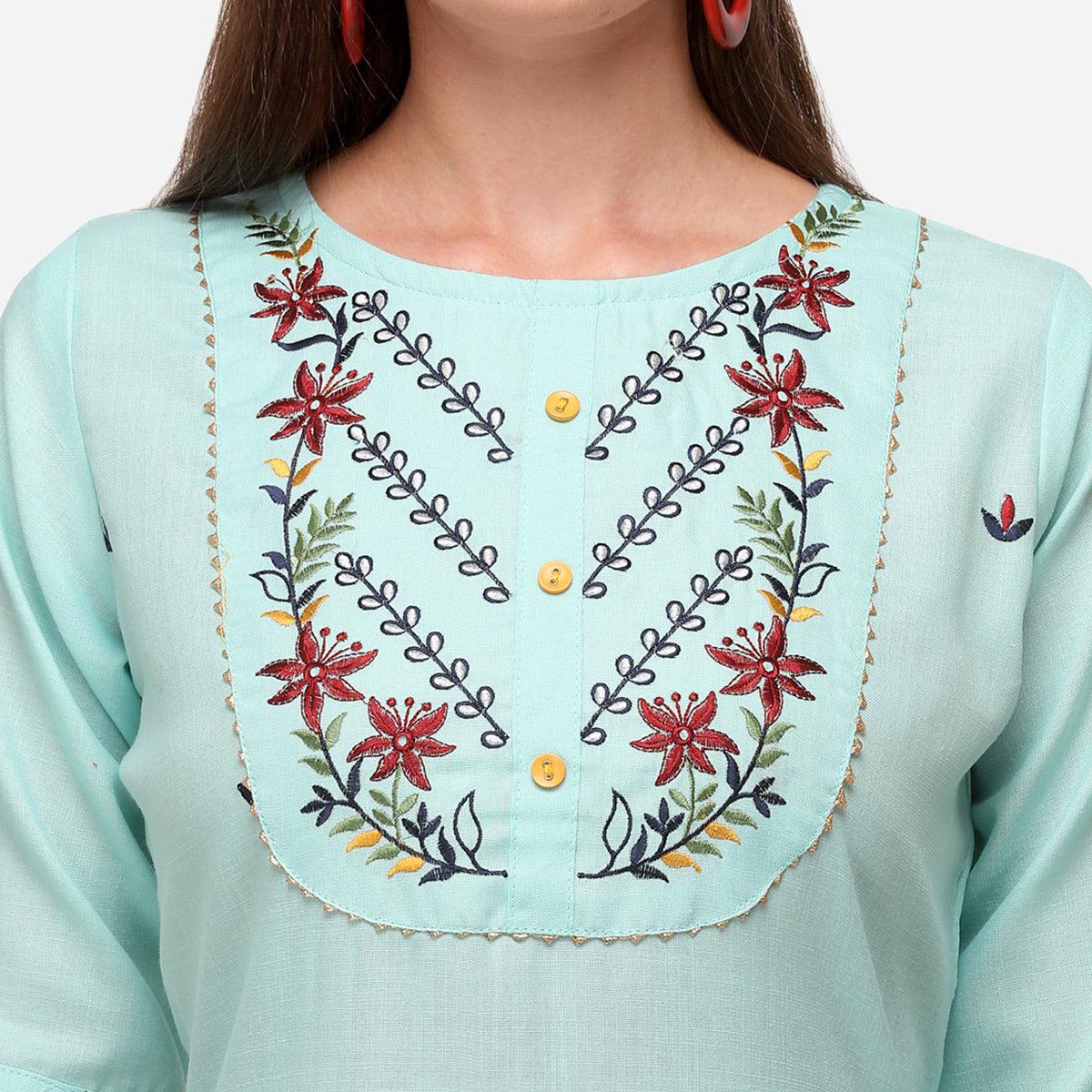 Aqua Blue Casual Wear Floral Embroidered Cotton Kurti Pant Set - Peachmode