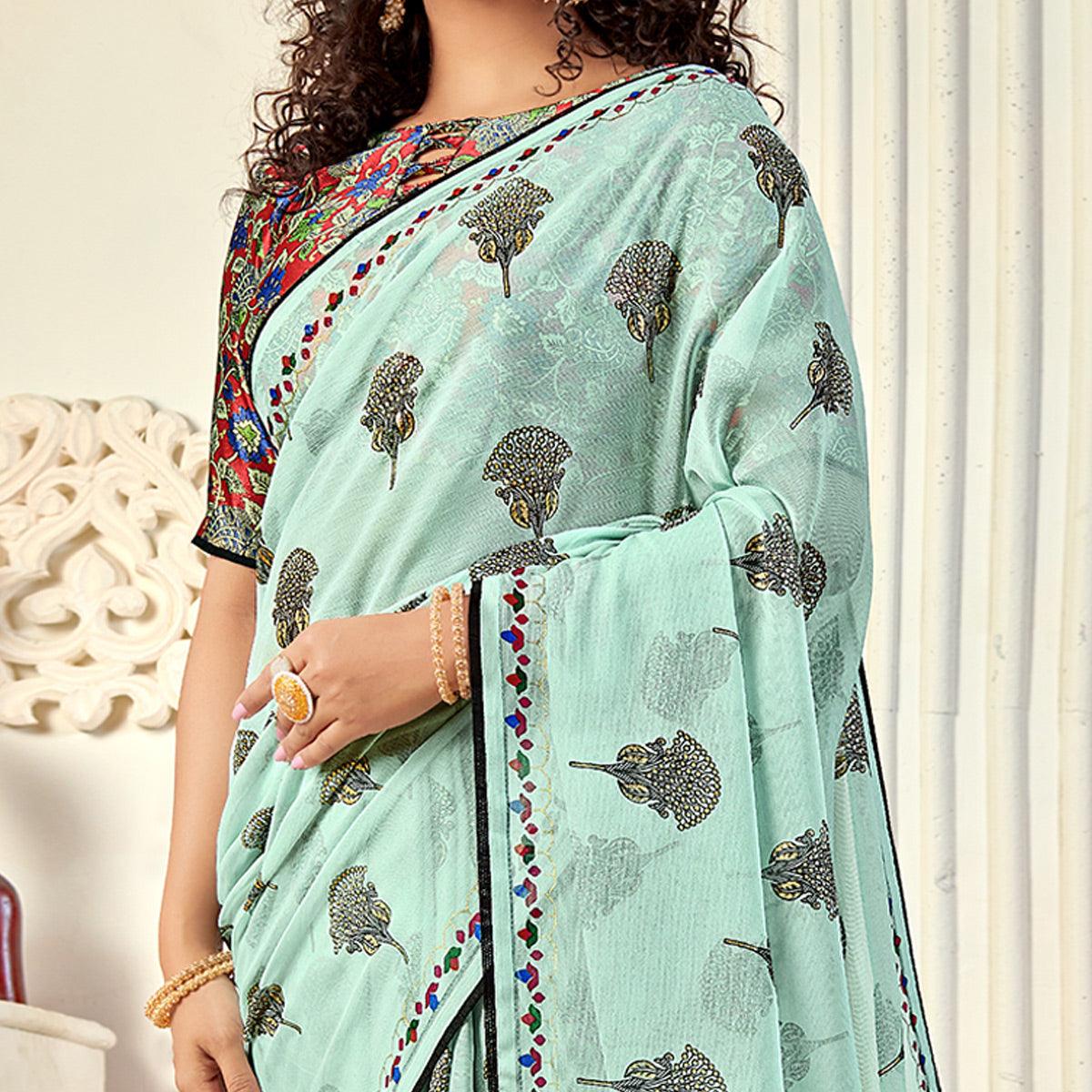 Aqua Blue Casual Wear Foil Printed Pure Chiffon Saree - Peachmode