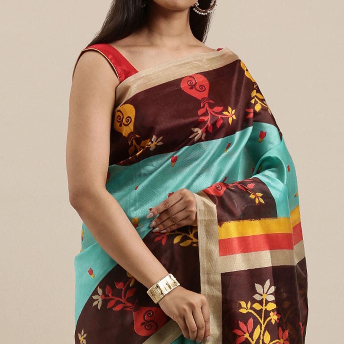 Aqua Blue Casual Wear Printed Art Silk Saree With Tassels - Peachmode