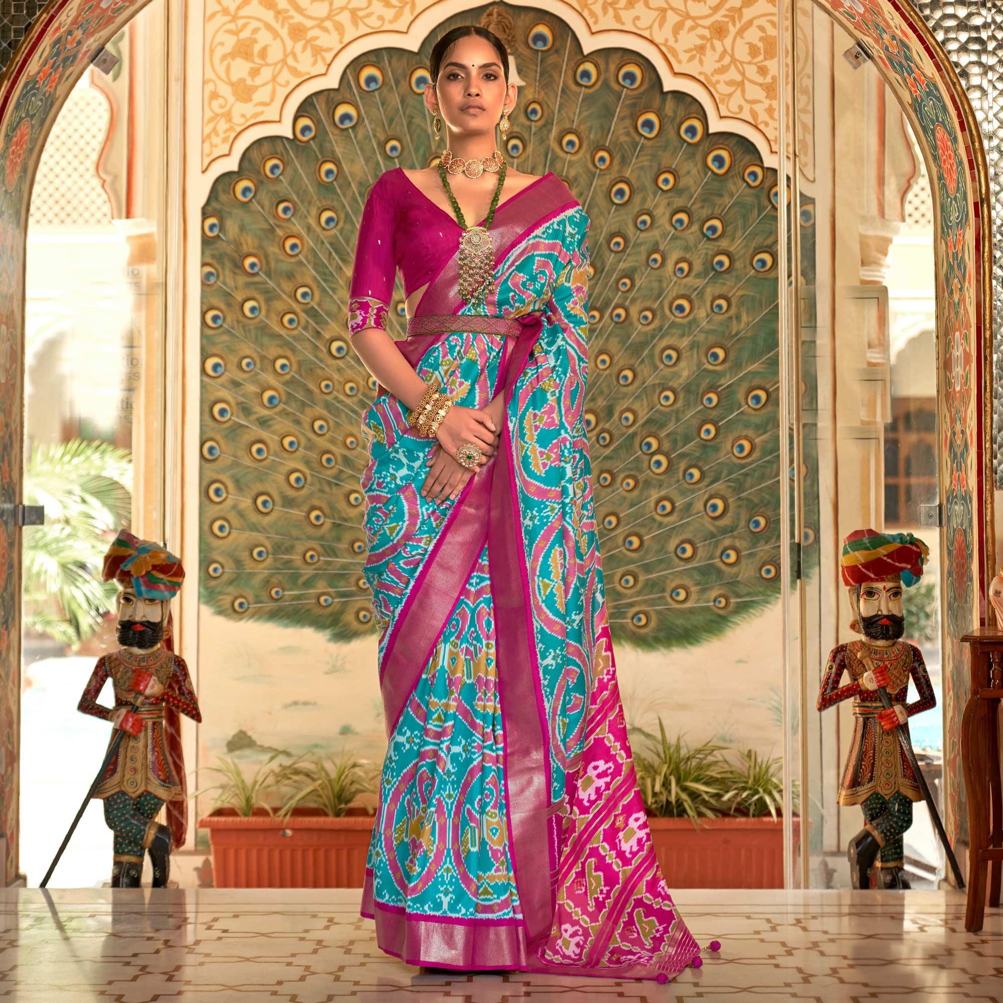 Aqua Blue Digital Patola Printed Silk Saree - Peachmode
