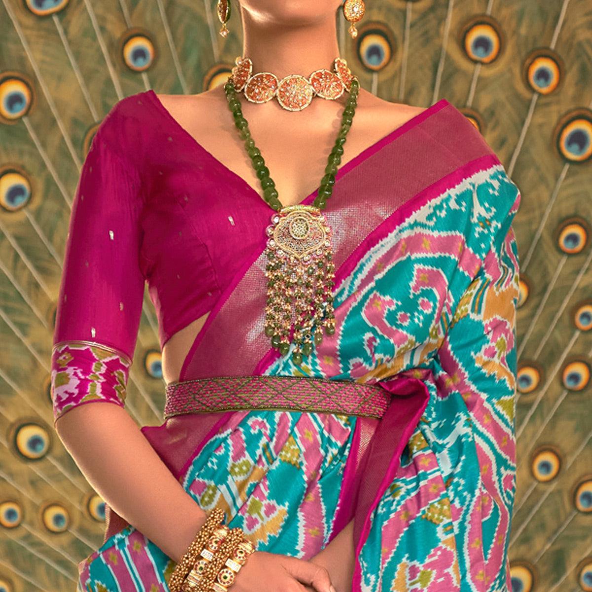 Aqua Blue Digital Patola Printed Silk Saree - Peachmode